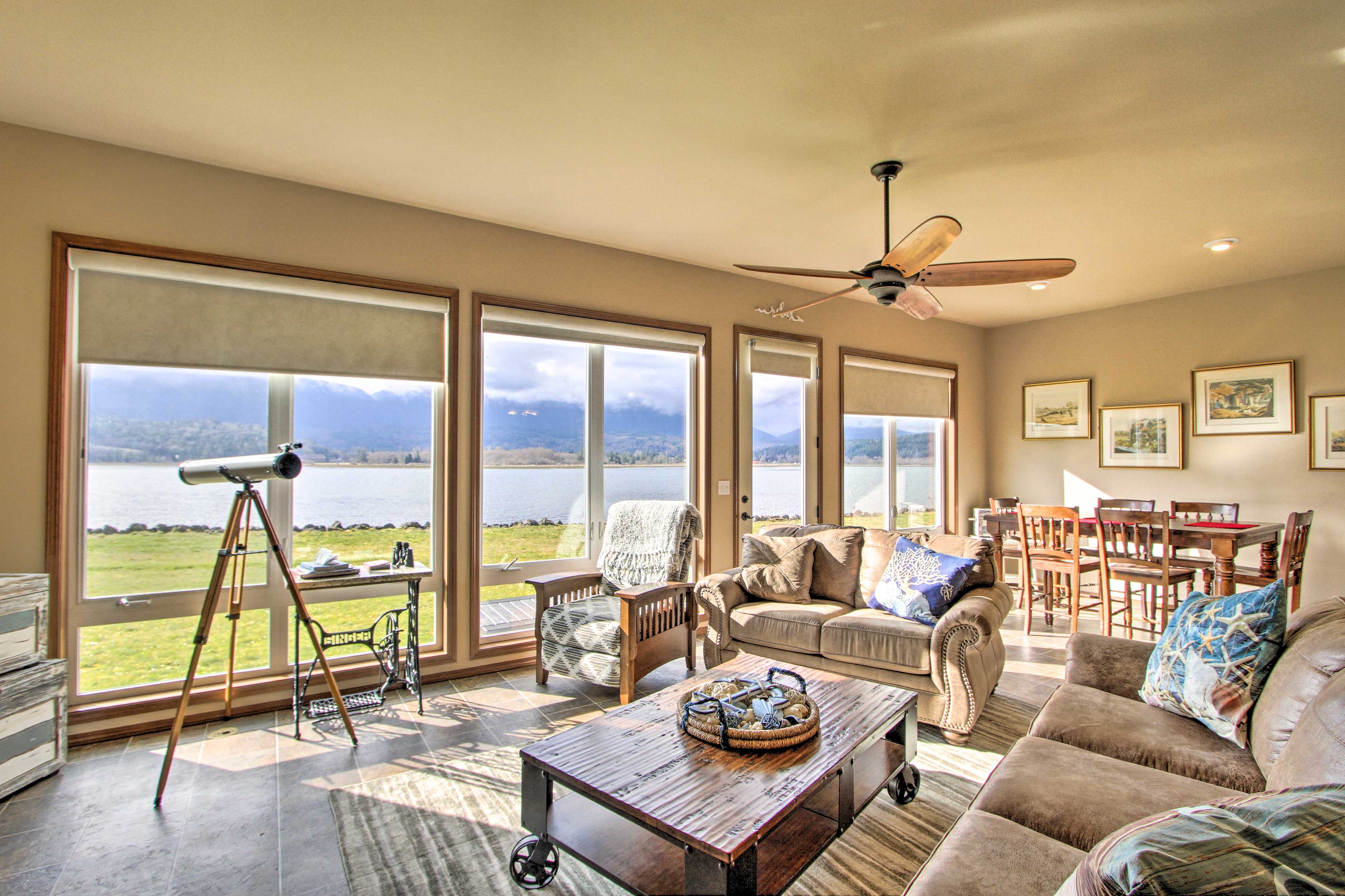 The living room has breathtaking views of the surrounding Olympic mountains!