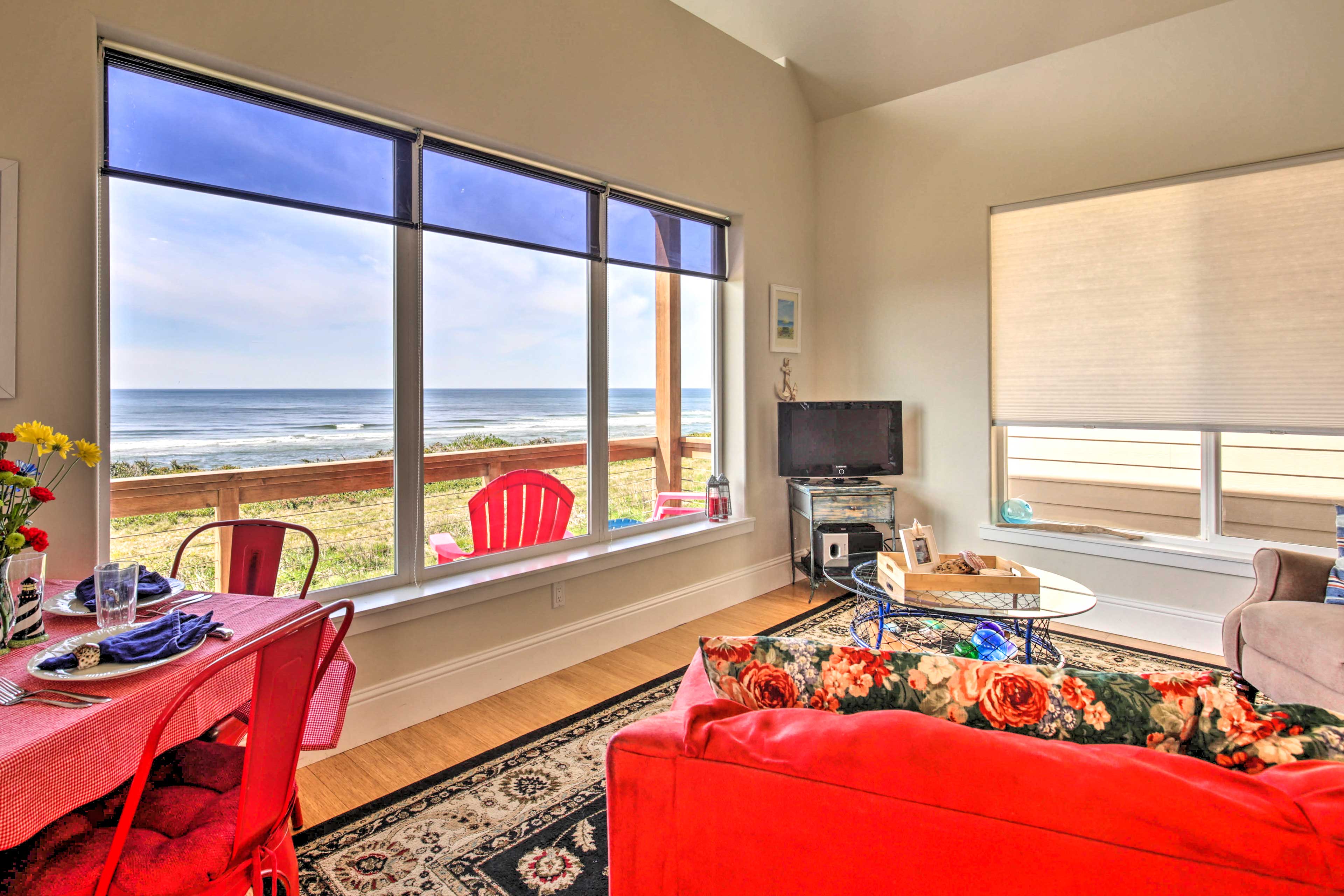 Enjoy meals or a movie while the waves crash outside your window.