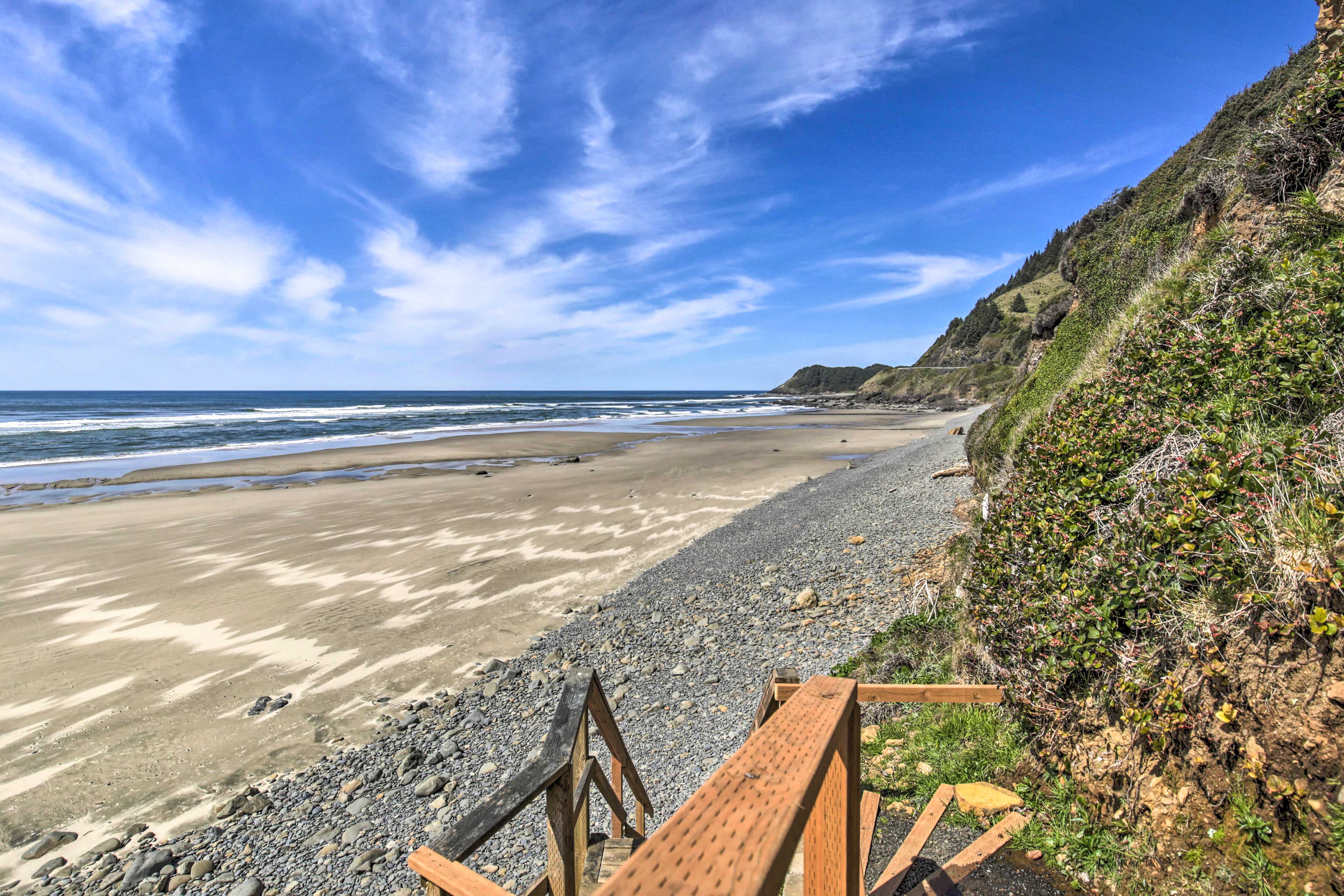 Check out tide pools & seashells on the rocky shore.