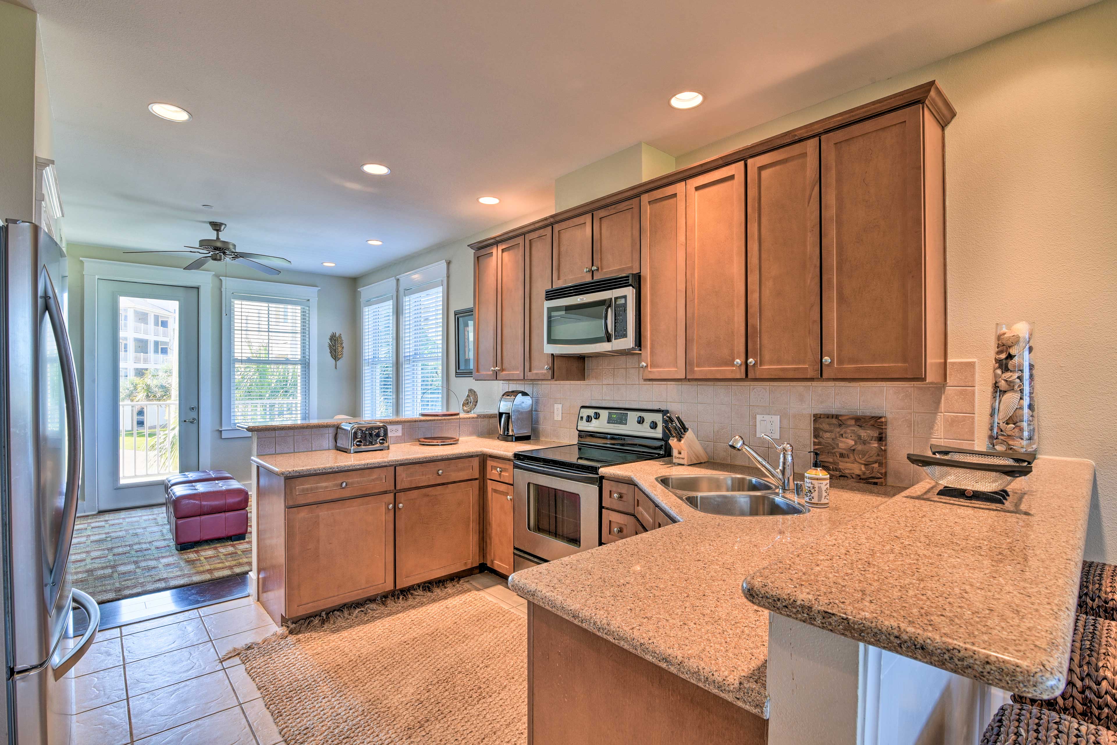 This kitchen features stainless steel appliances.