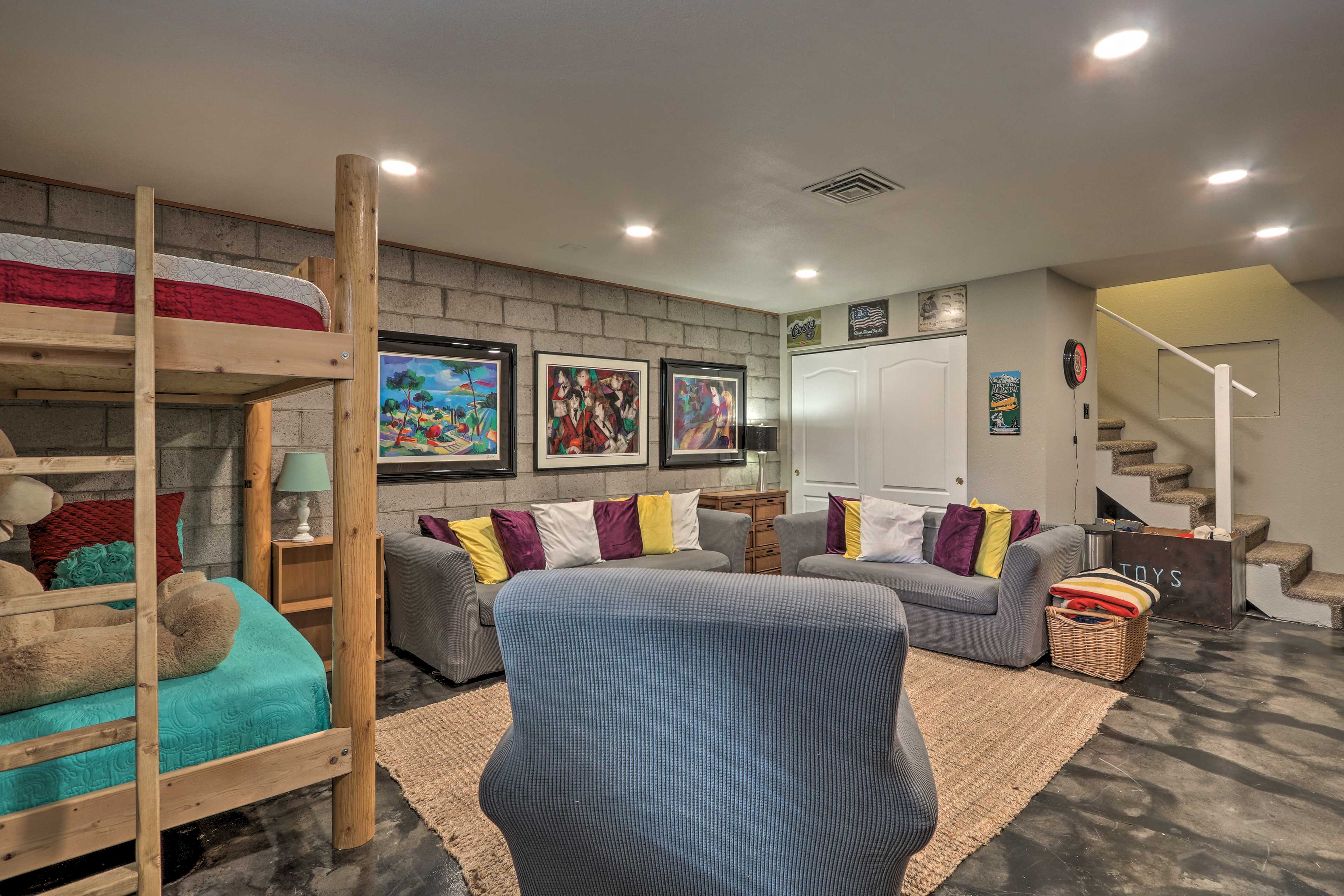 The vibrant basement is perfect for a playroom!