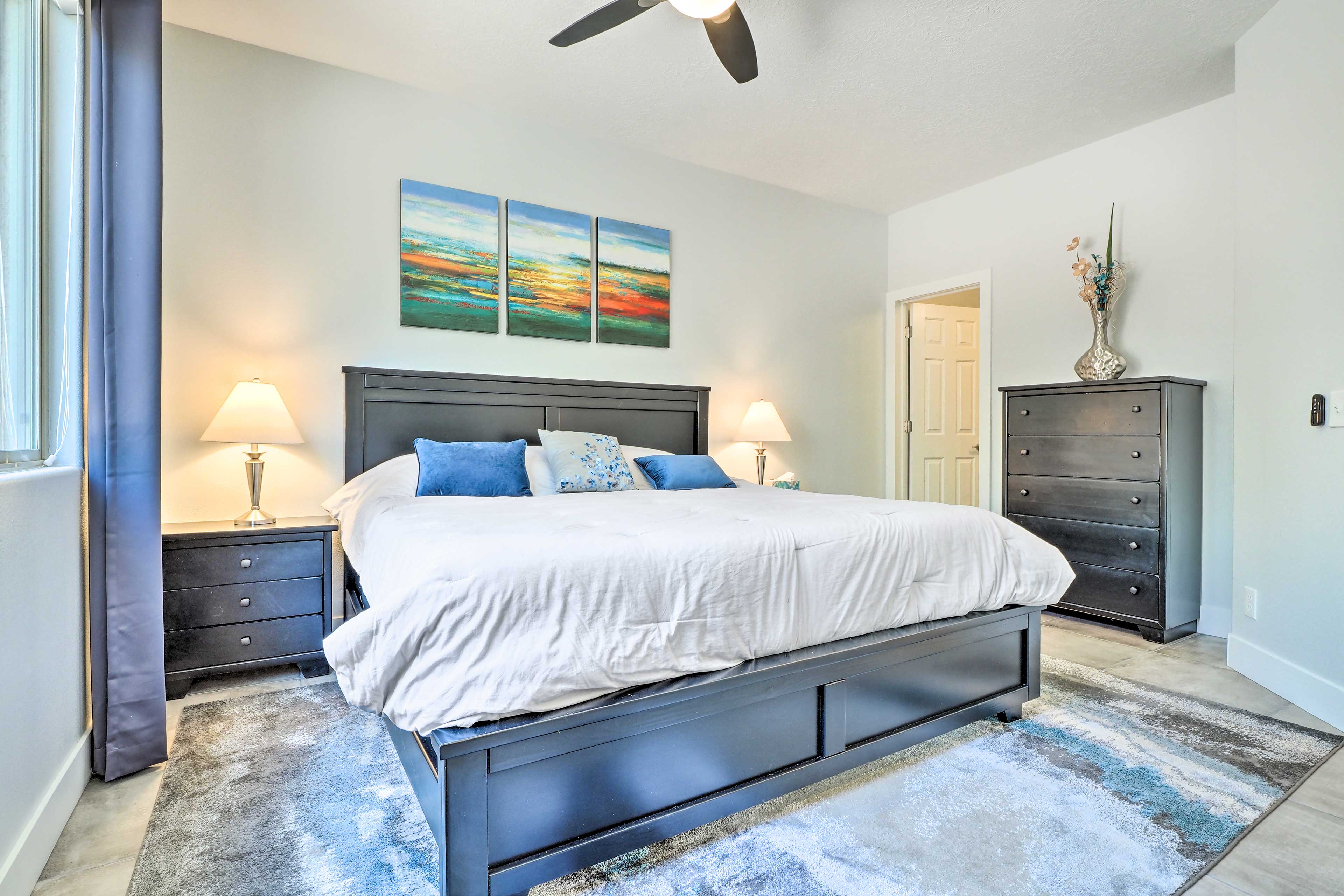 The master bedroom is perfect for a couple or solo traveler.