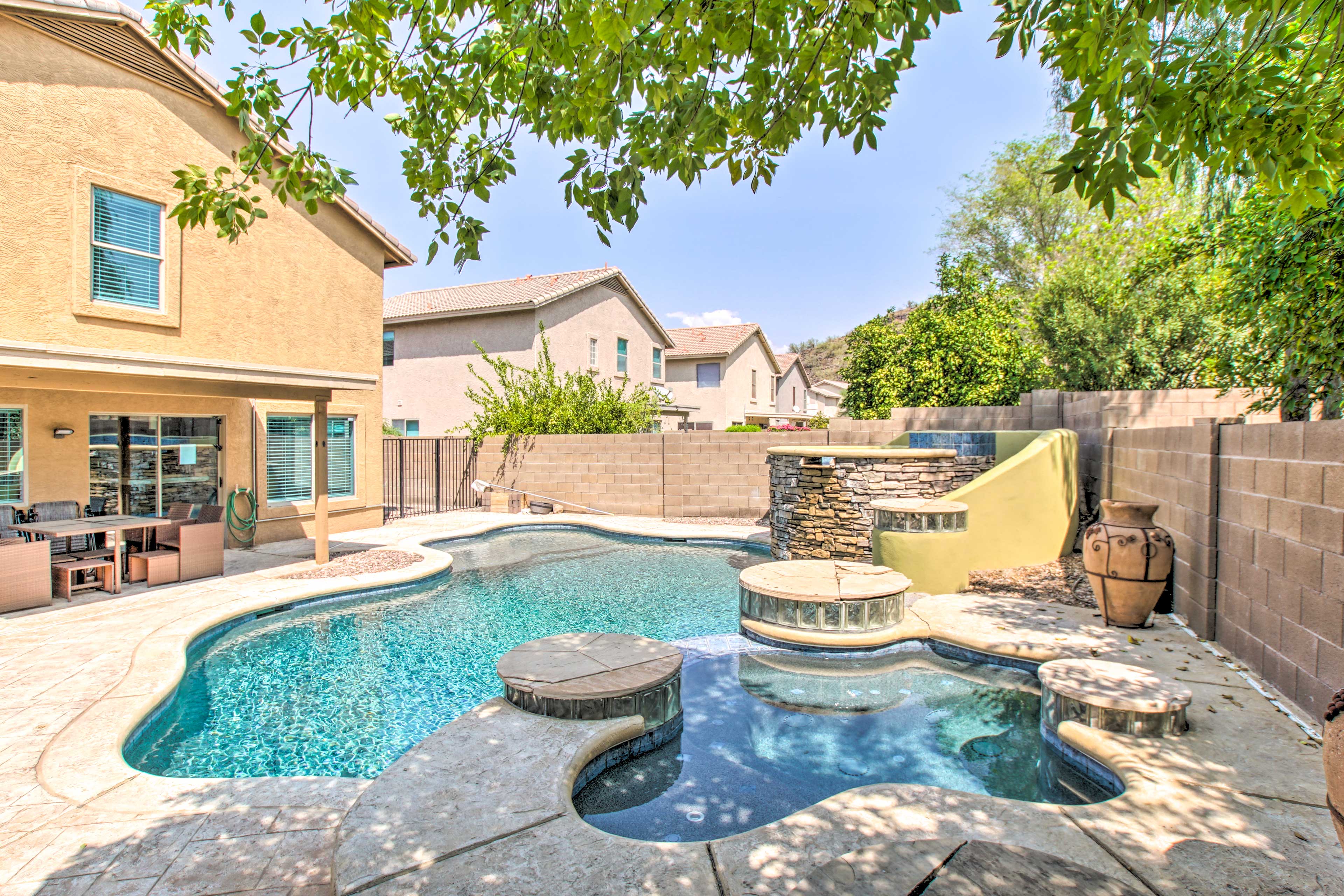 Head down the waterslide followed by a soak in the hot tub.