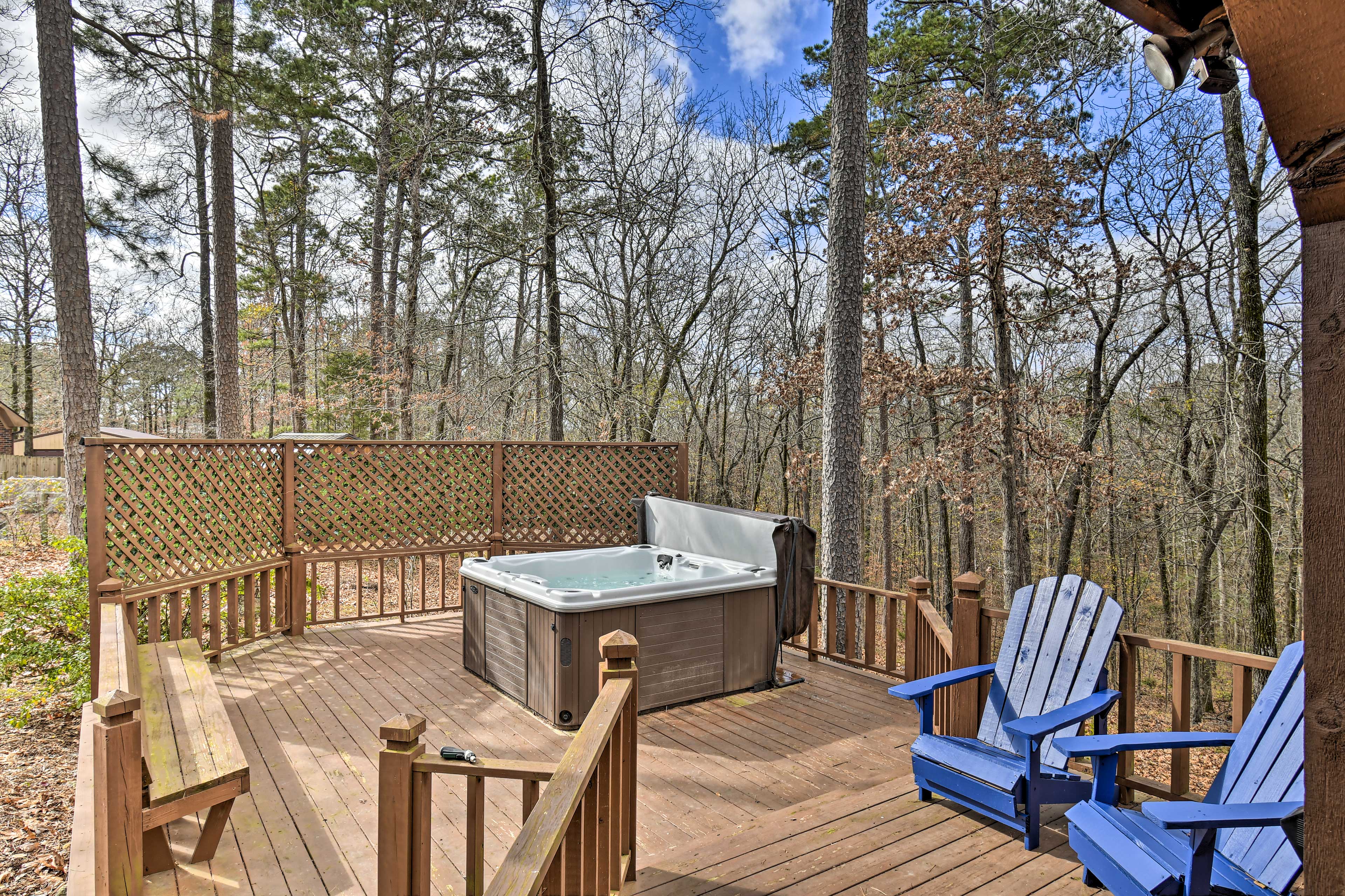 Hot Tub w/ Solar Twinkle Lights | Adirondack Chairs | Woodland Views