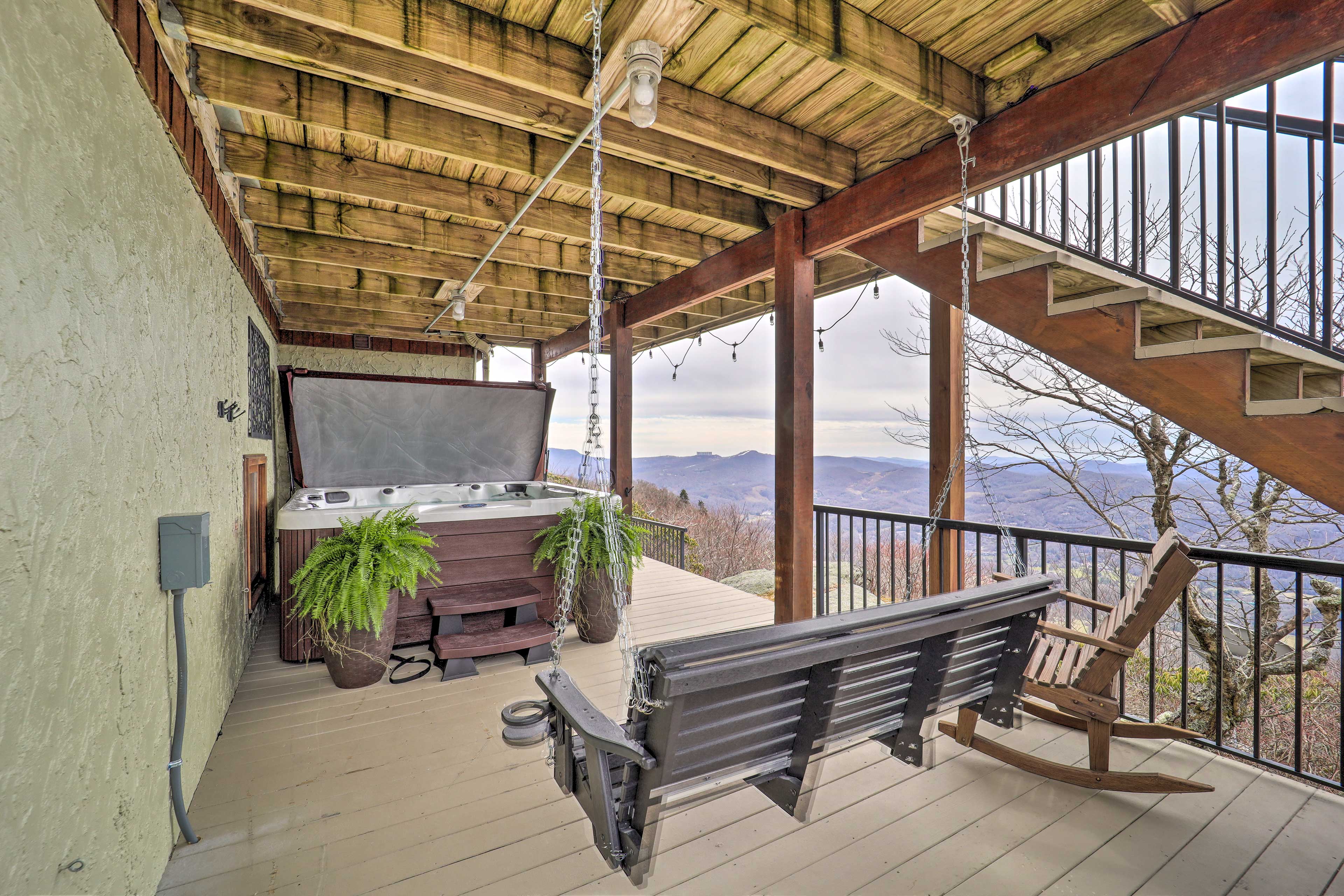 Lower-Level Deck | Hot Tub | Swinging Bench | String Lights | Mountain Views