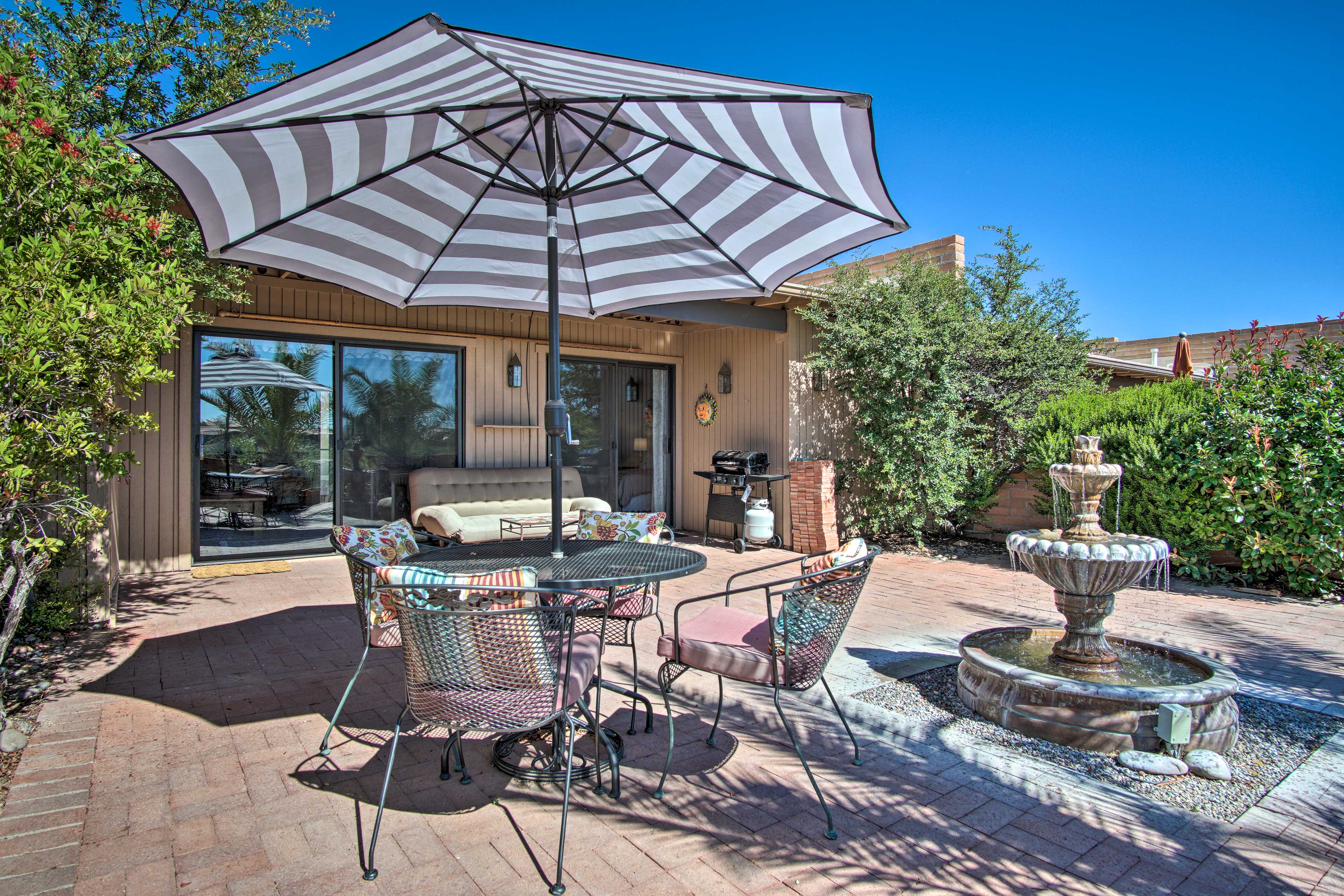 Patio w/ Fountain | Outdoor Dining | Single-Story Home