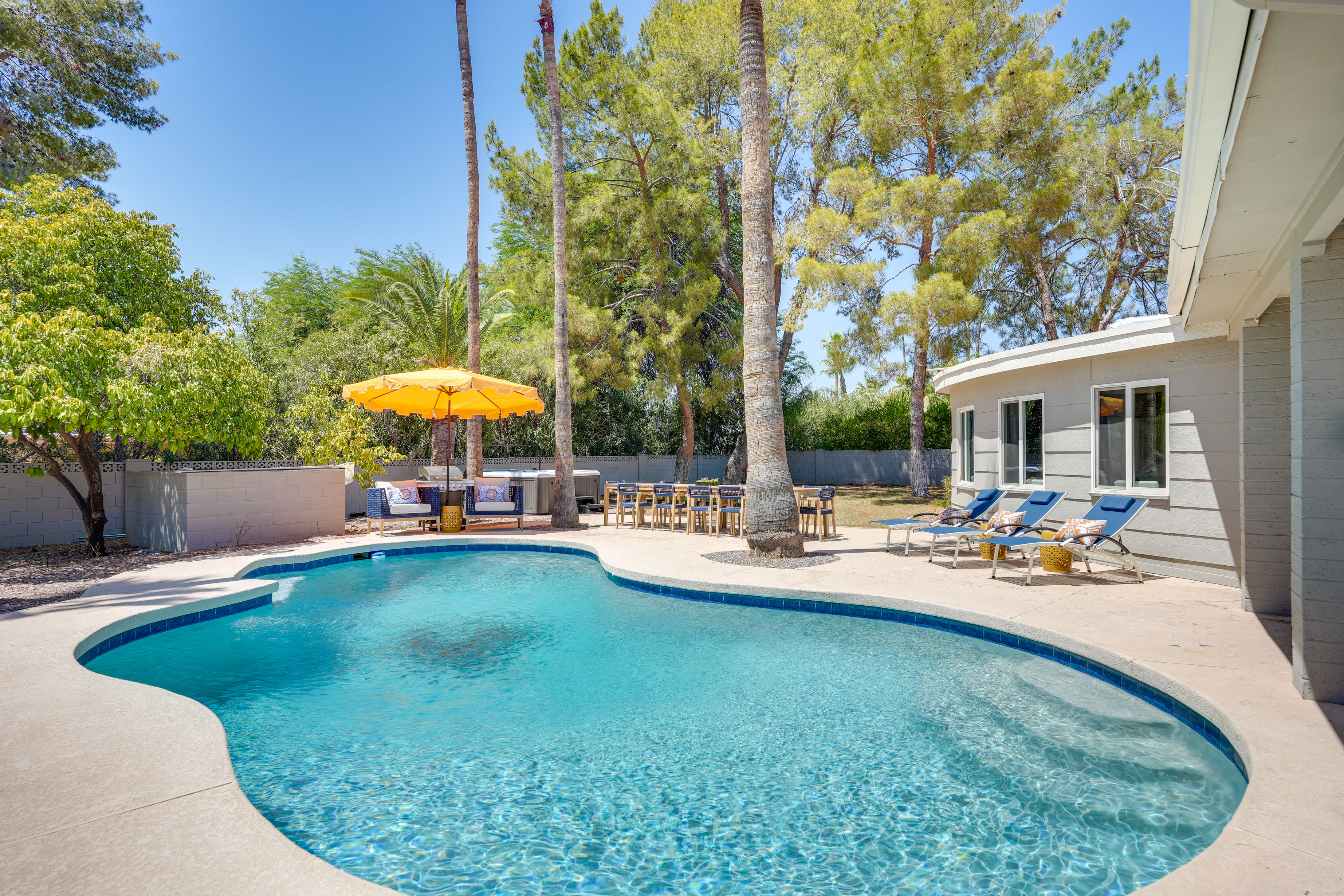 Backyard | Private Pool & Hot Tub | Dining & Lounge Areas