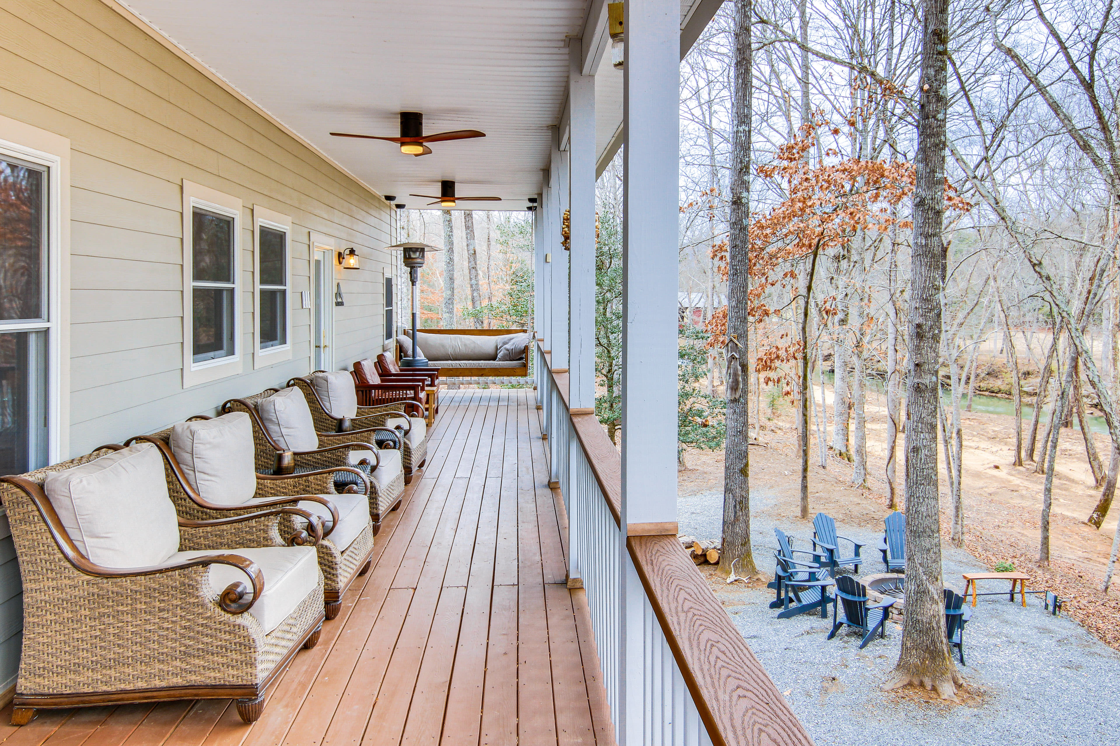 Covered Deck w/ Seating | Porch Swing | Fire Pit