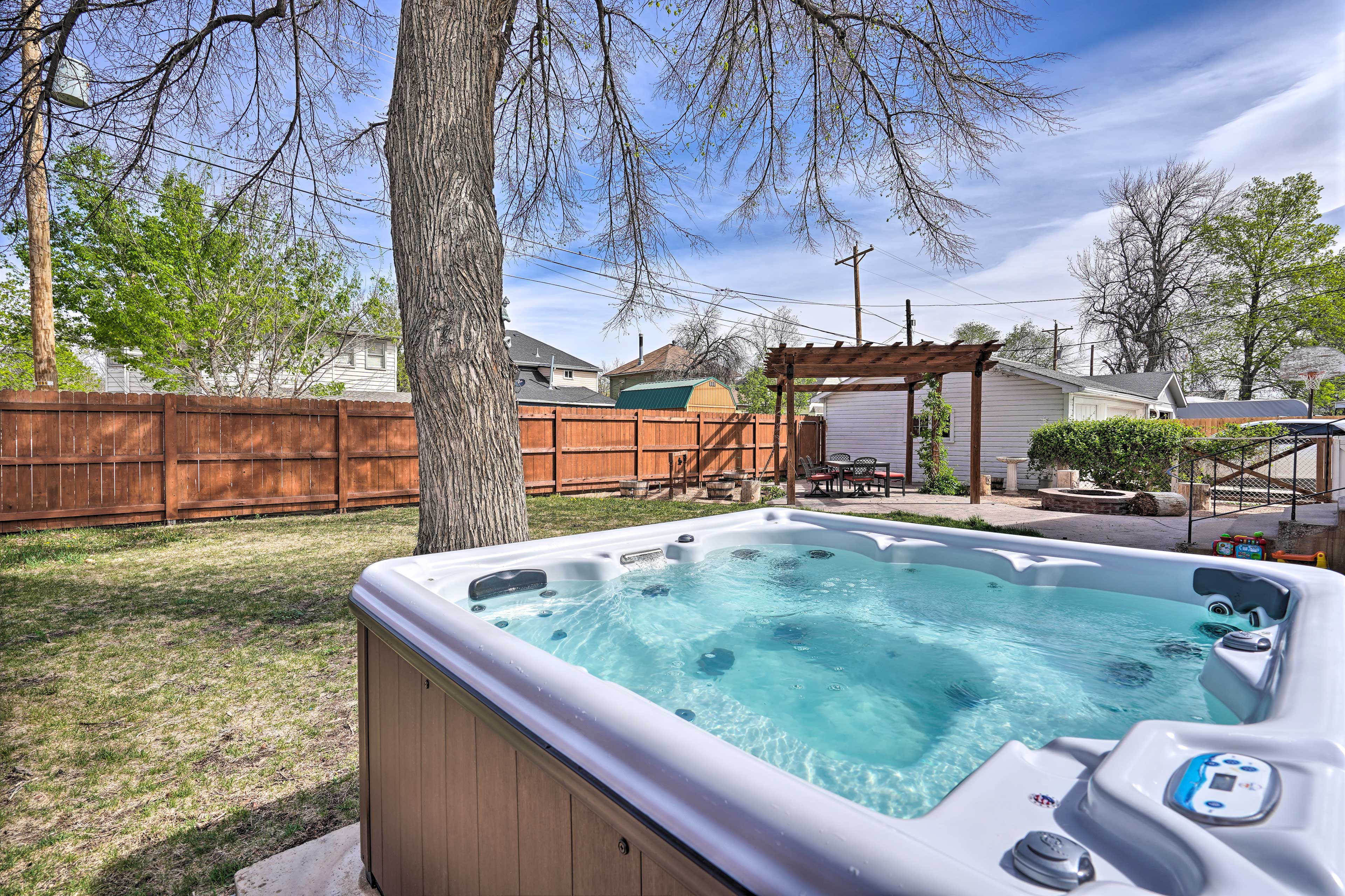 6-Person Private Hot Tub | Private Fenced Yard | Outdoor Dining Area | Fire Pit