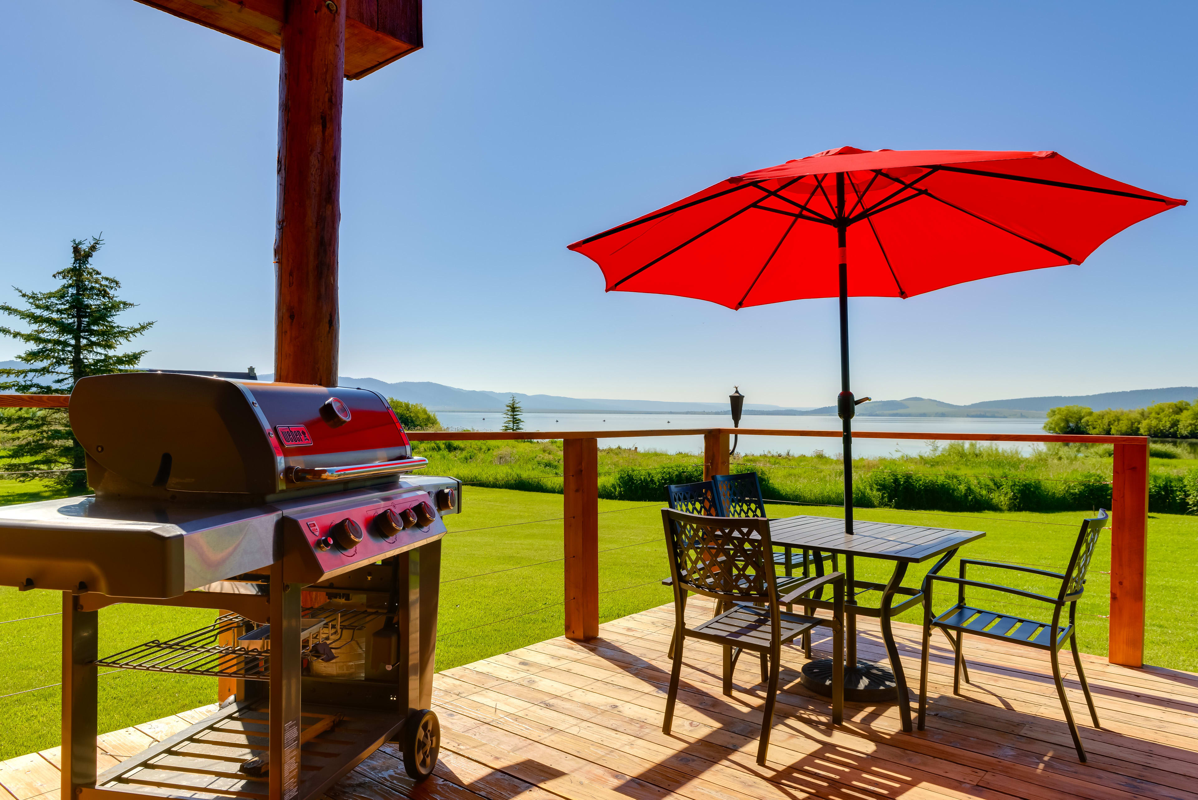 Private Deck | Gas Grill | 1-Acre Lakefront Property