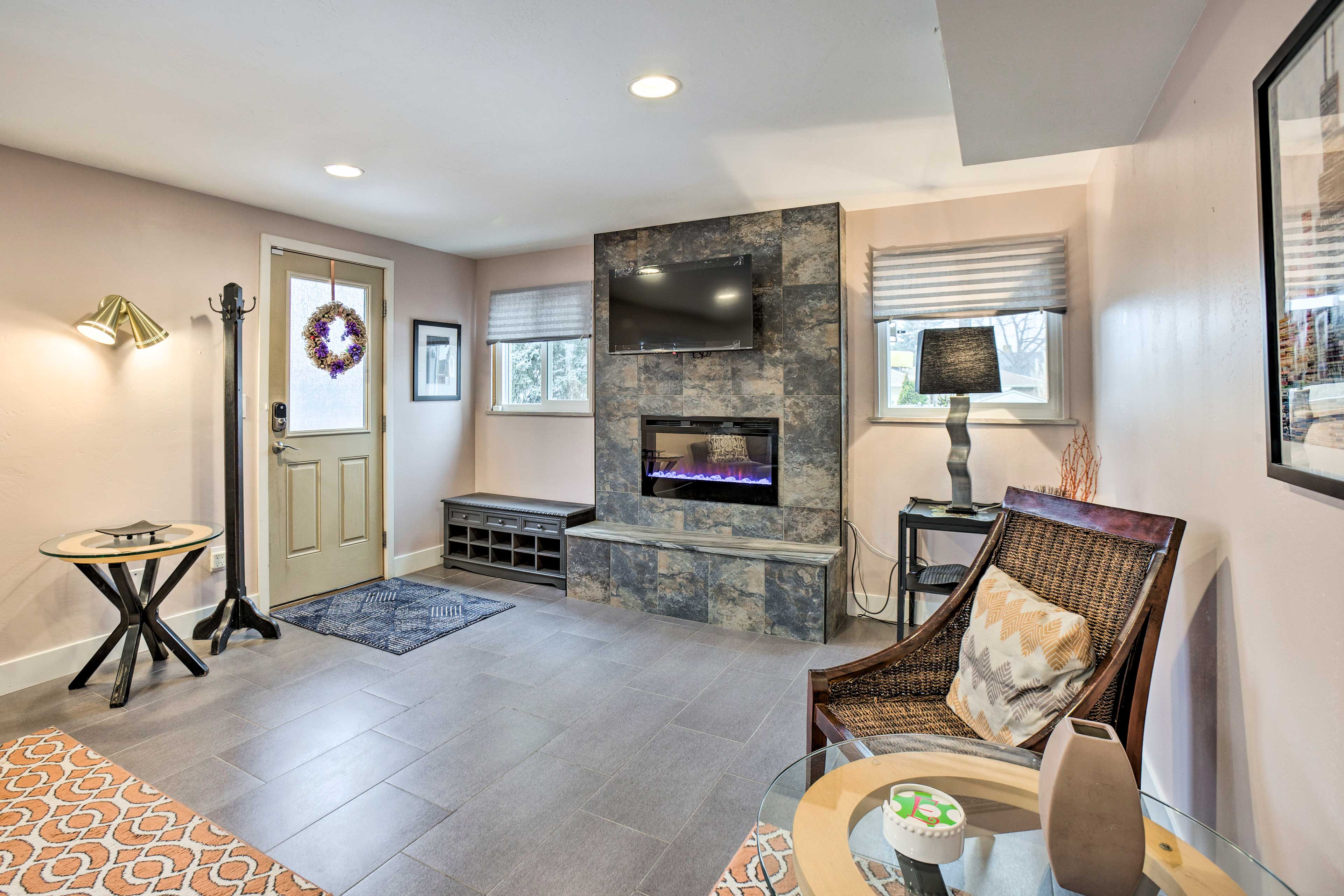 Living Area | Electric Fireplace | Pet Friendly w/ Fee