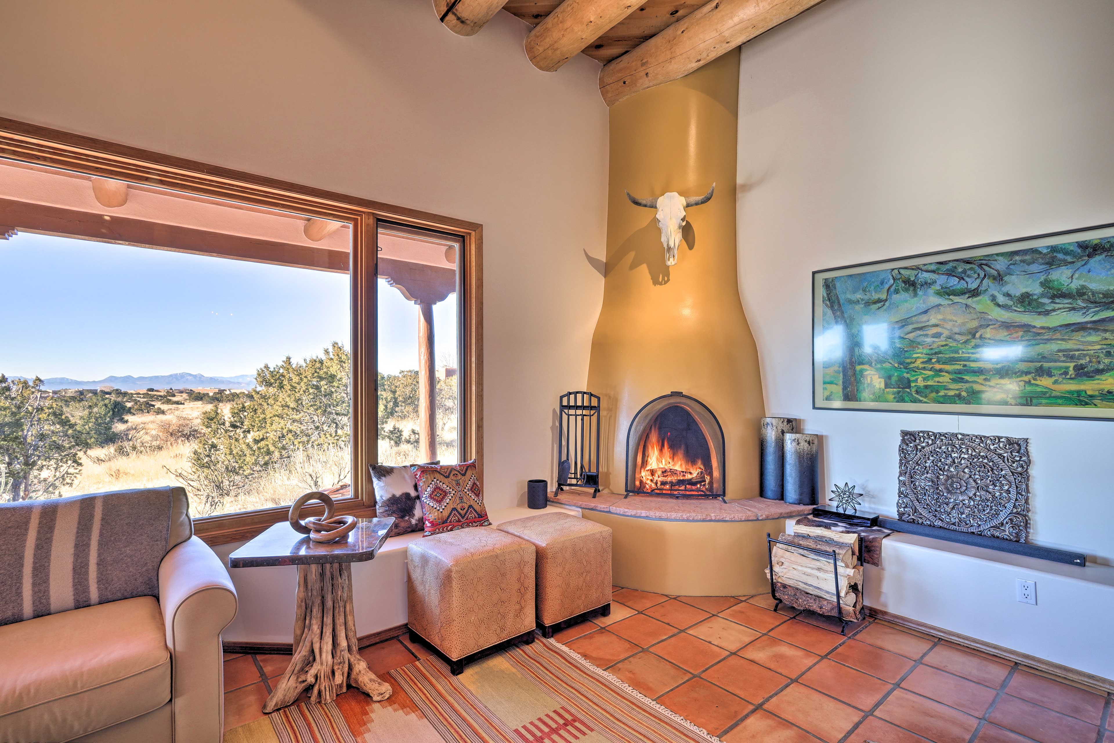 Living Room | Mountain Views | Kiva Fireplace