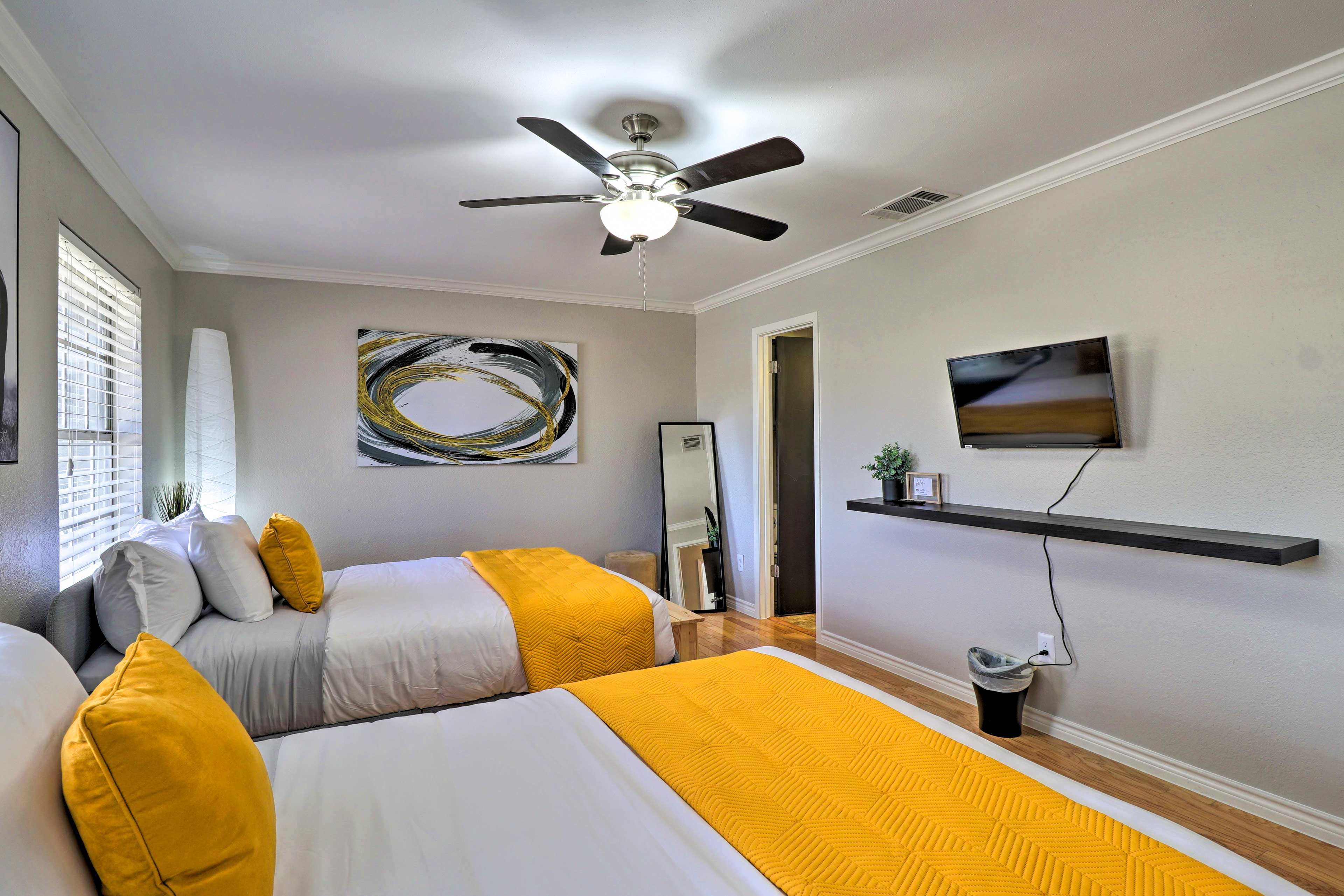 Bedroom 1 | Smart TV | Low Profile Lamps | Ceiling Fan | Smart TV