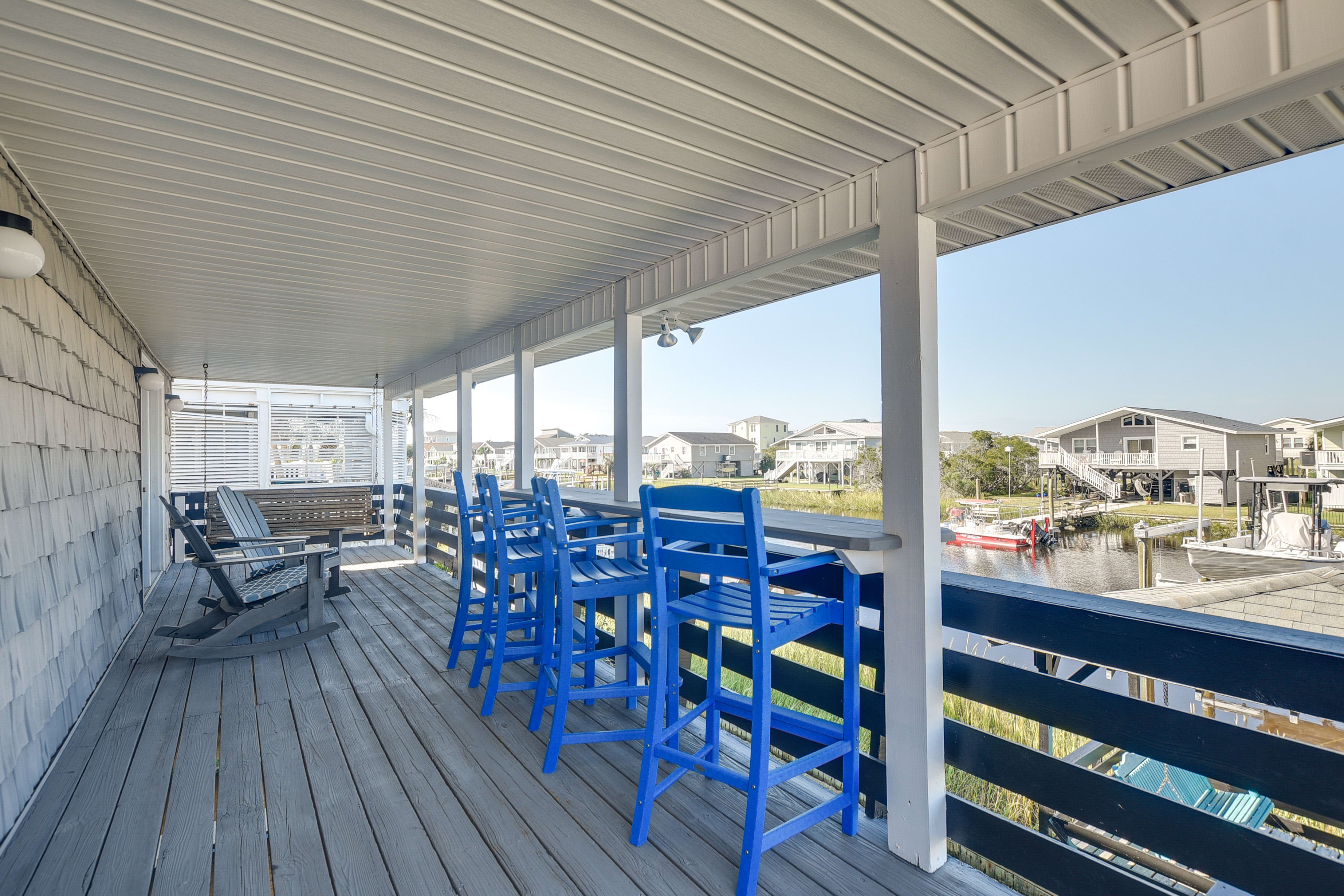 Covered Deck | Porch Swing | Seating | Water Views