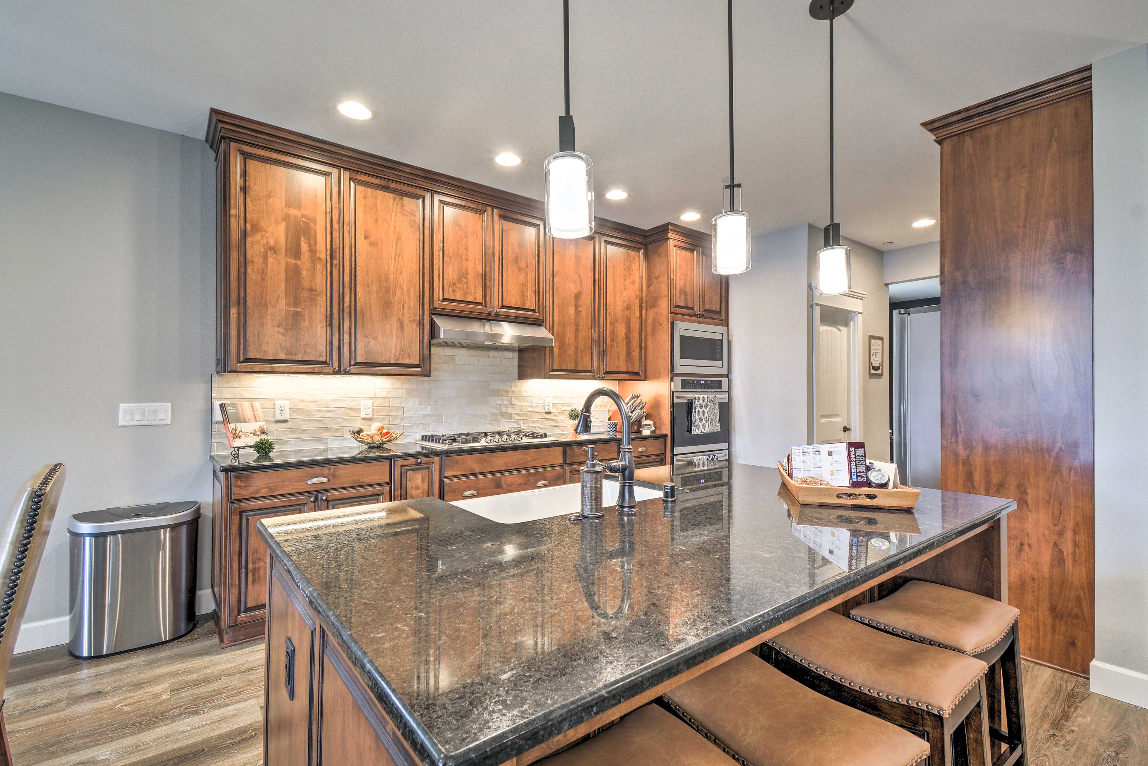 Kitchen | USB outlet on Kitchen island | Fully Stocked Spice Cabinet