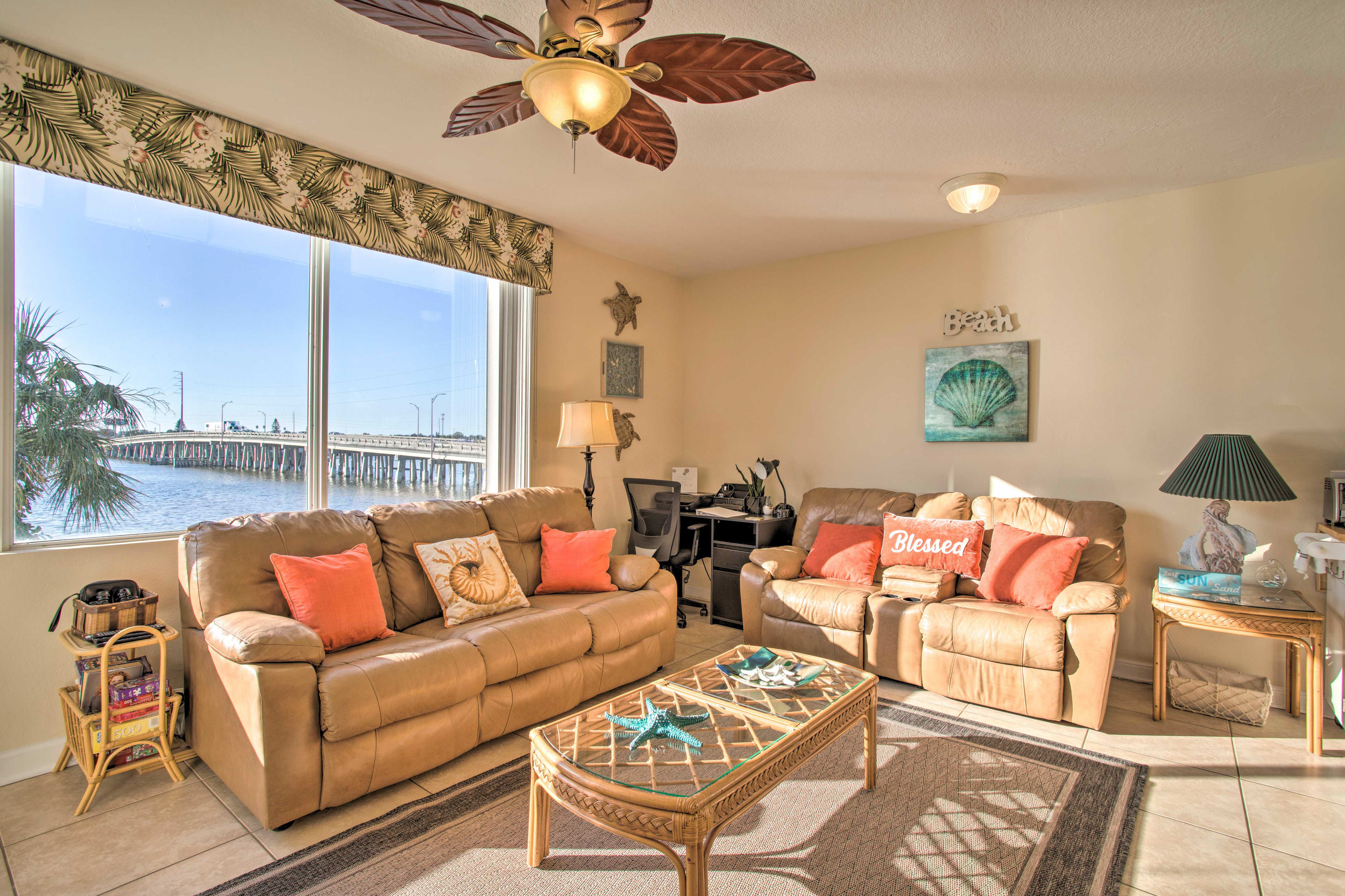 Living Room | Smart TV w/ Cable | Electric Fireplace | Access to Balcony