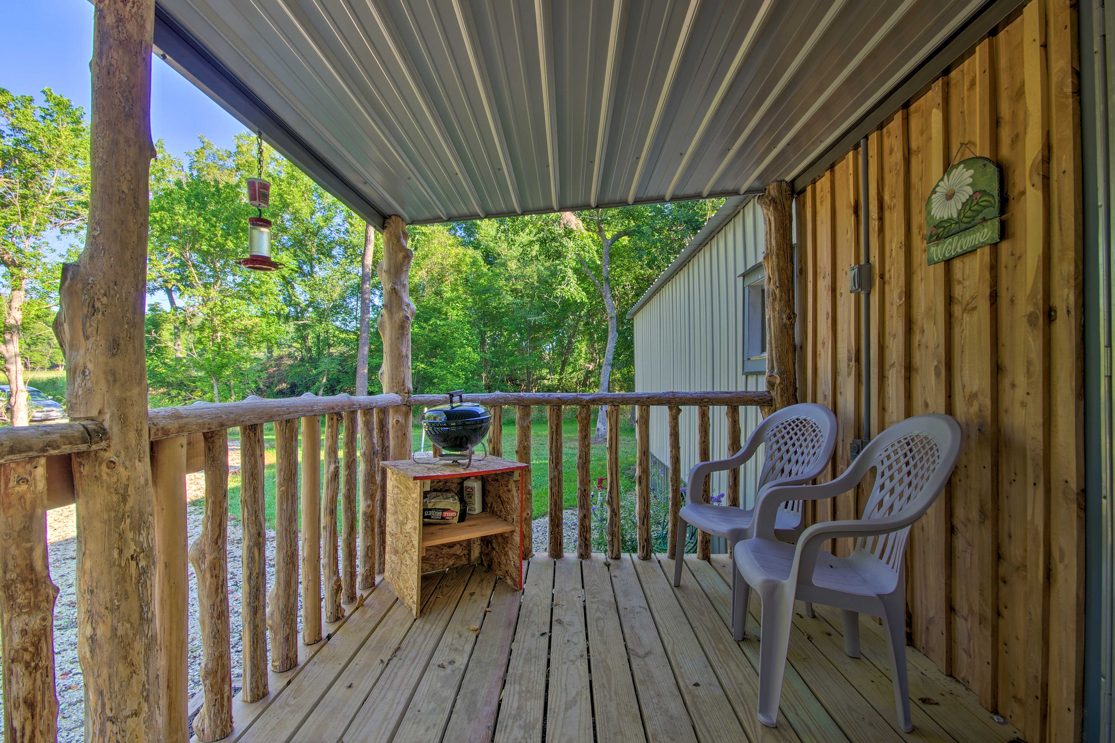 Front Porch | Wooded Views | Charcoal Grill