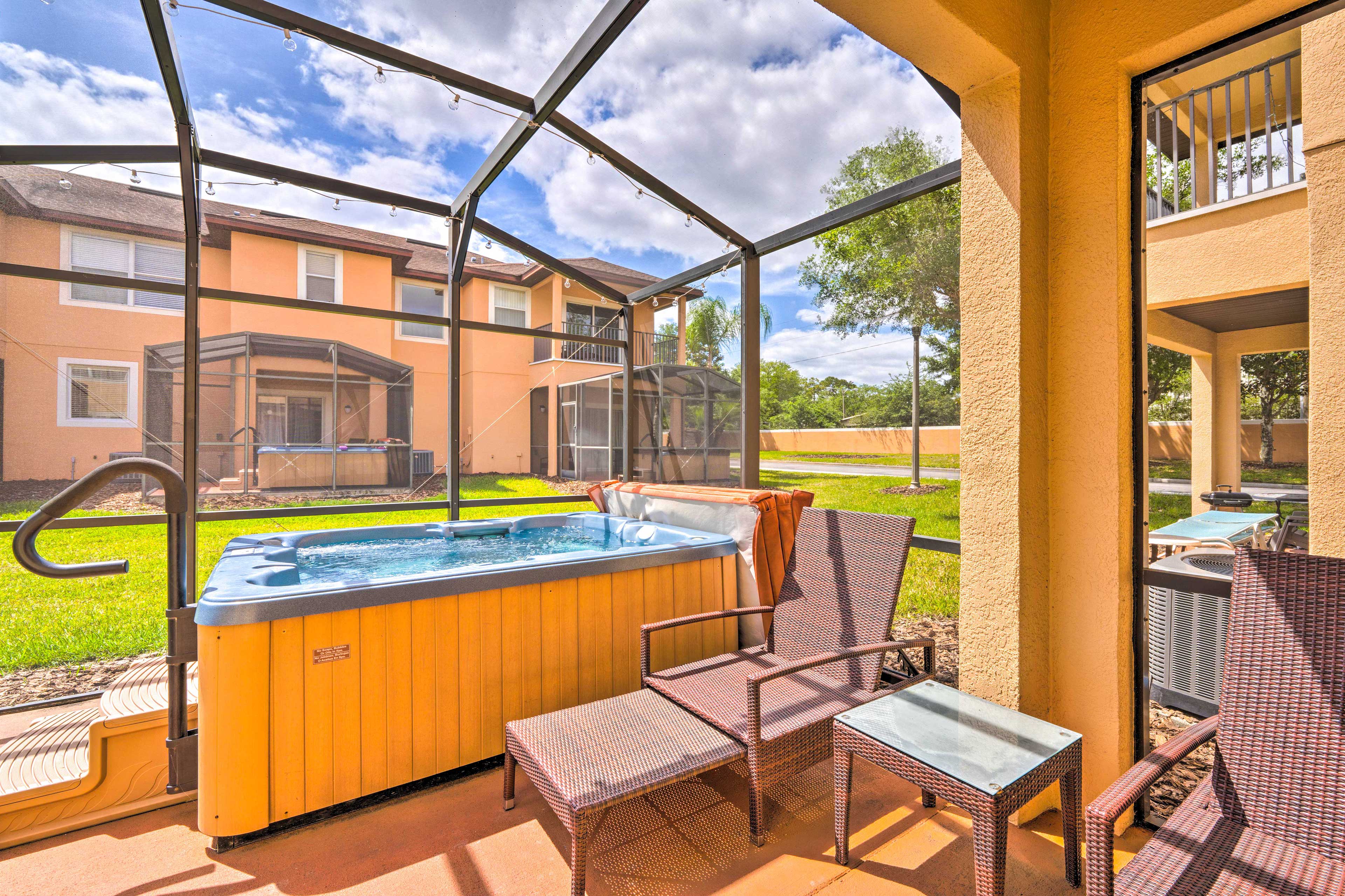 Townhome Exterior | Furnished Lanai | Private Hot Tub