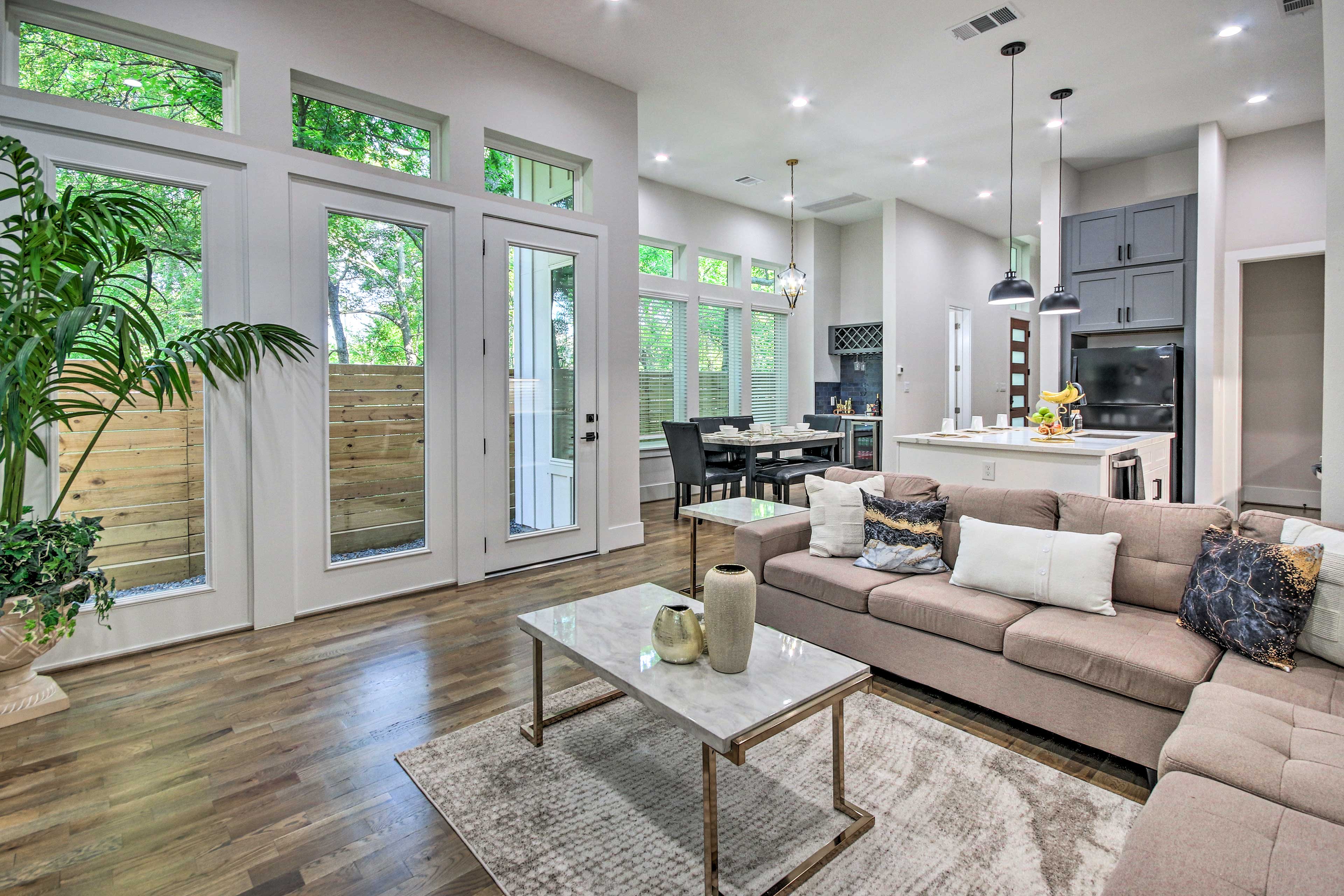 Living Room | Smart TV | High Ceilings & Large Windows