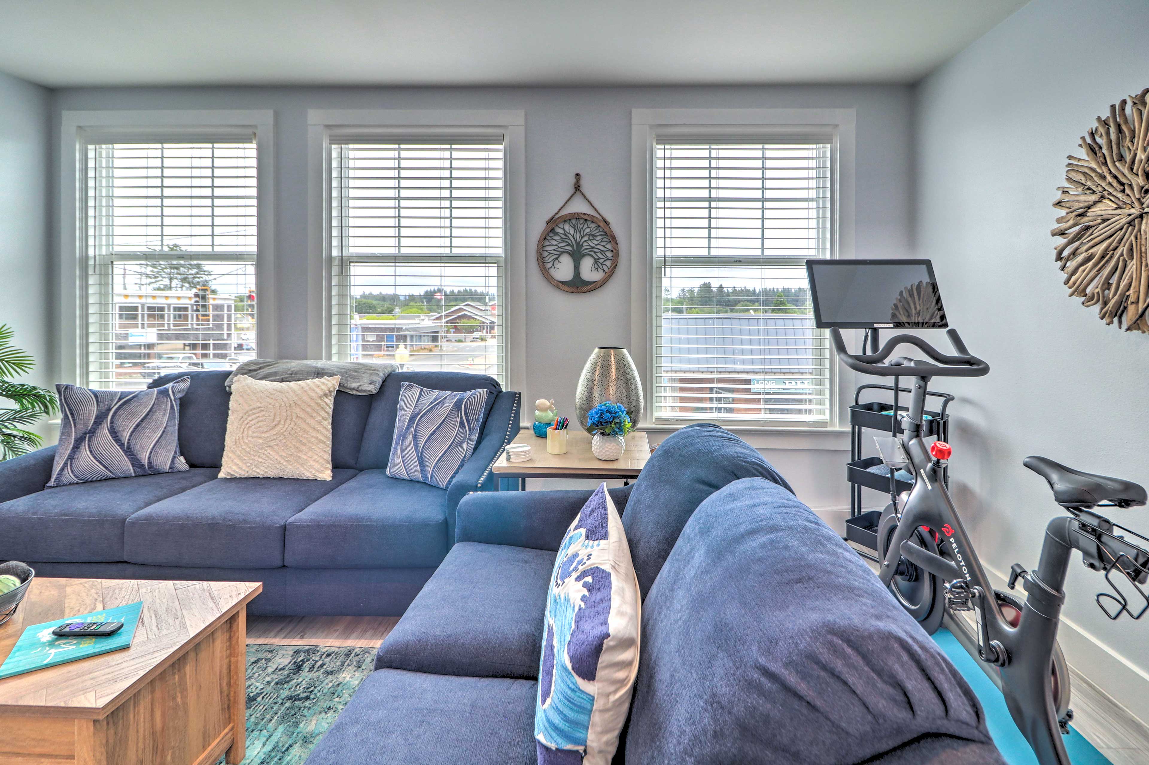 Living Area | Queen Sleeper Sofa | Smart TV w/ Cable | Peloton Exercise Bike