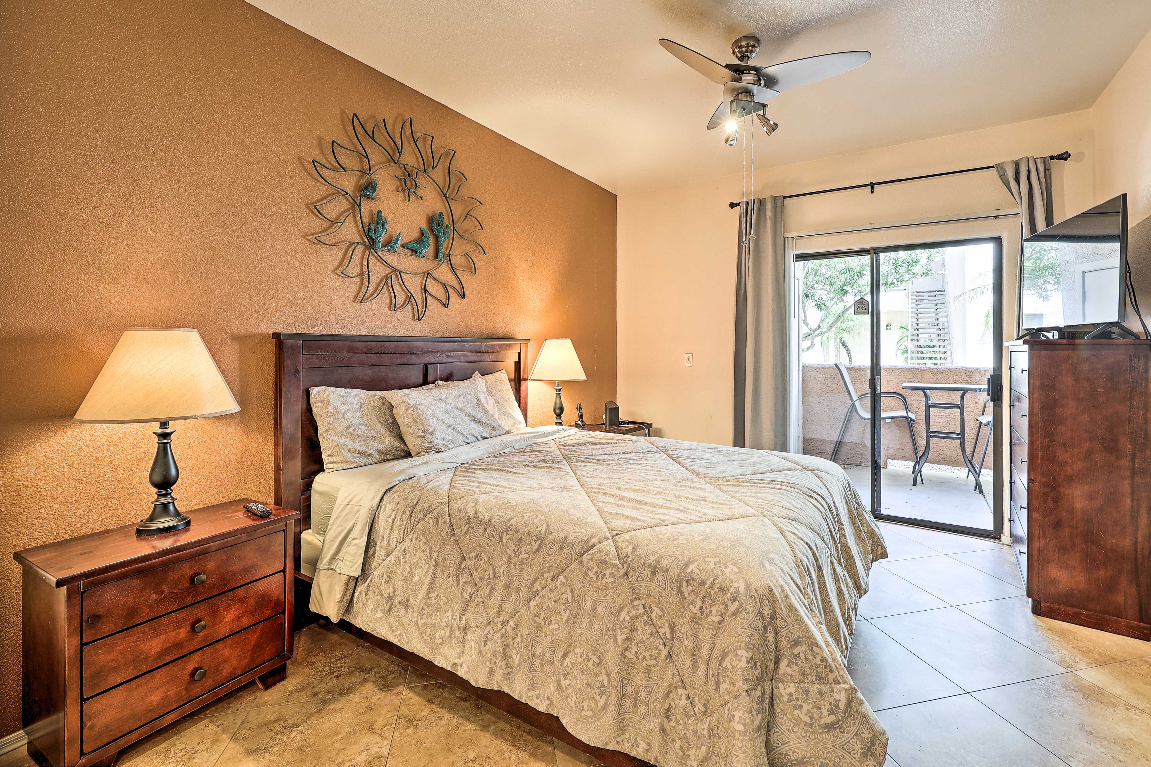 Bedroom 1 | Queen Bed | Linens & Towels | Patio Access | Full En-Suite Bathroom