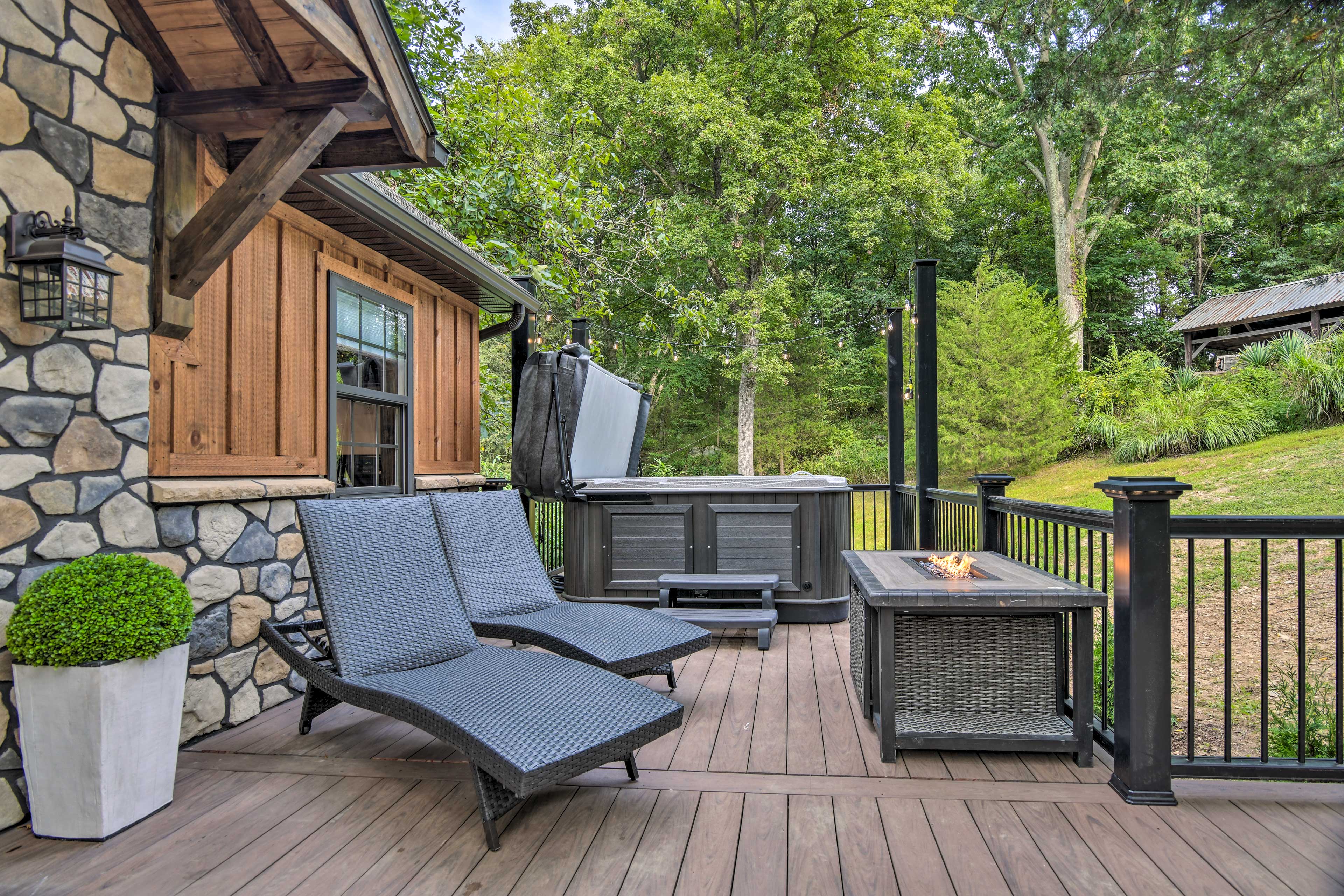 Cabin Exterior | Furnished Deck | Gas Fire Pit | Private Hot Tub