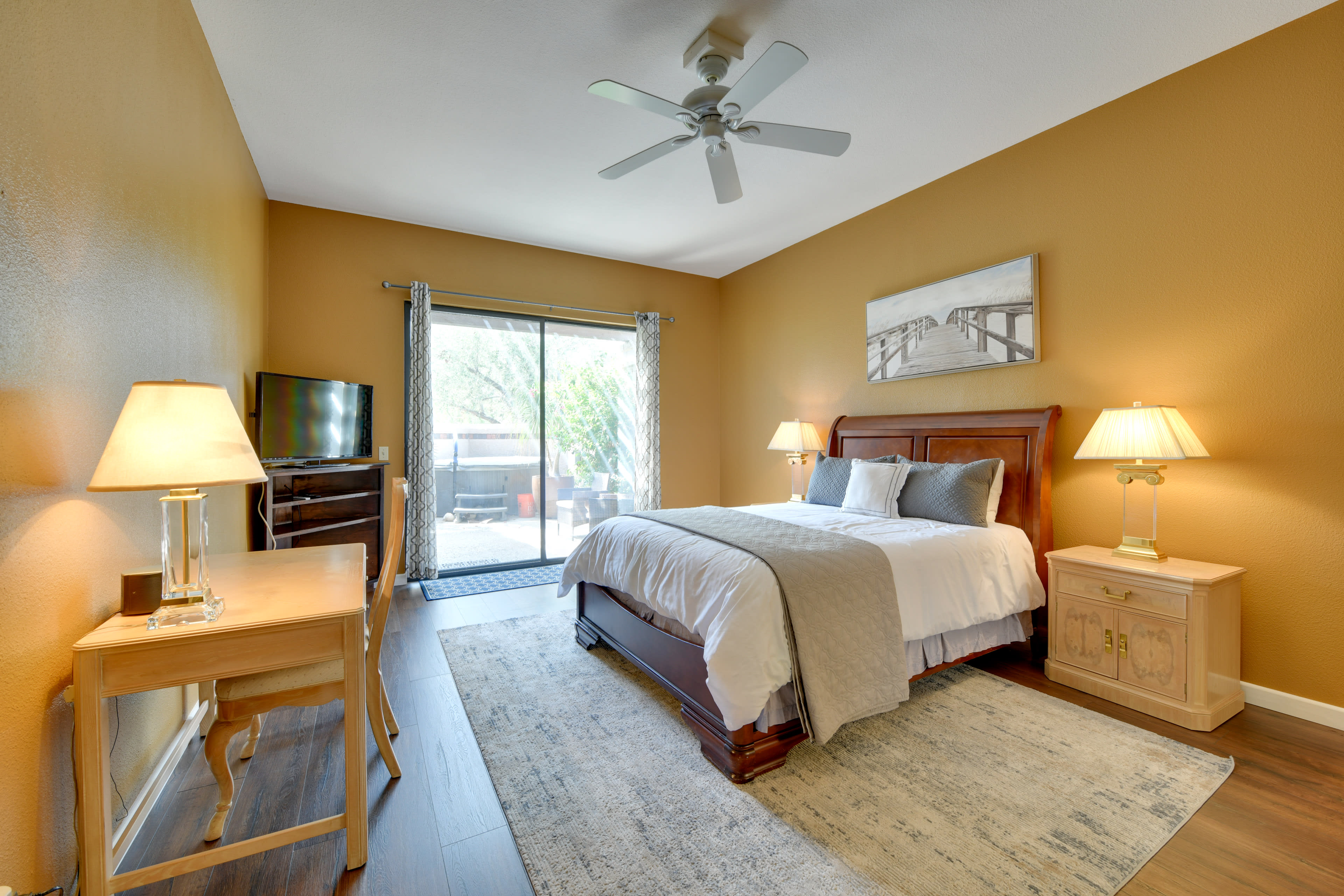 Bedroom 1 | Queen Bed | En-Suite Bathroom | Patio Access | Linens Provided