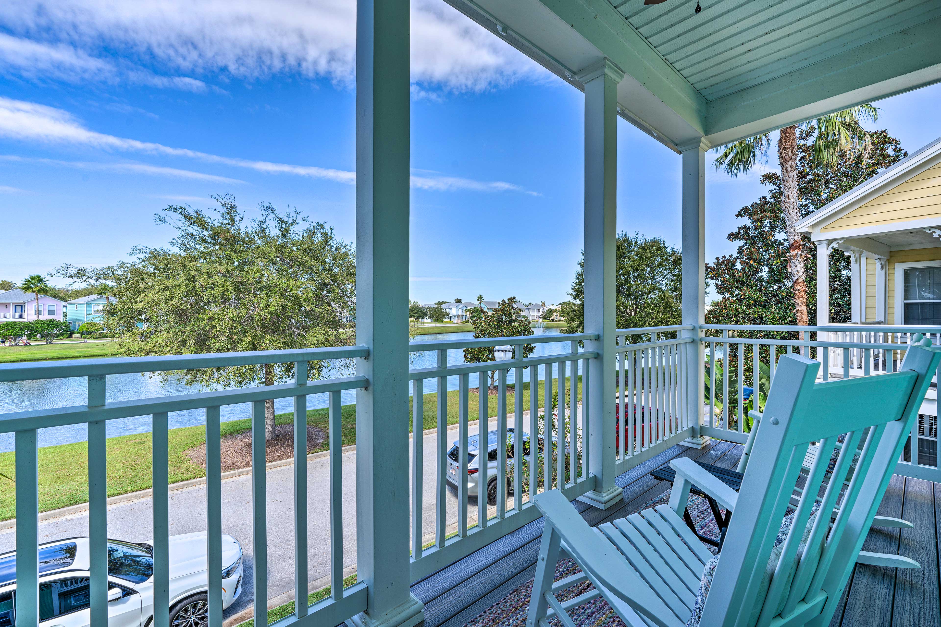 Private Balcony | Covered Porch | Patriots Landing Pond Views