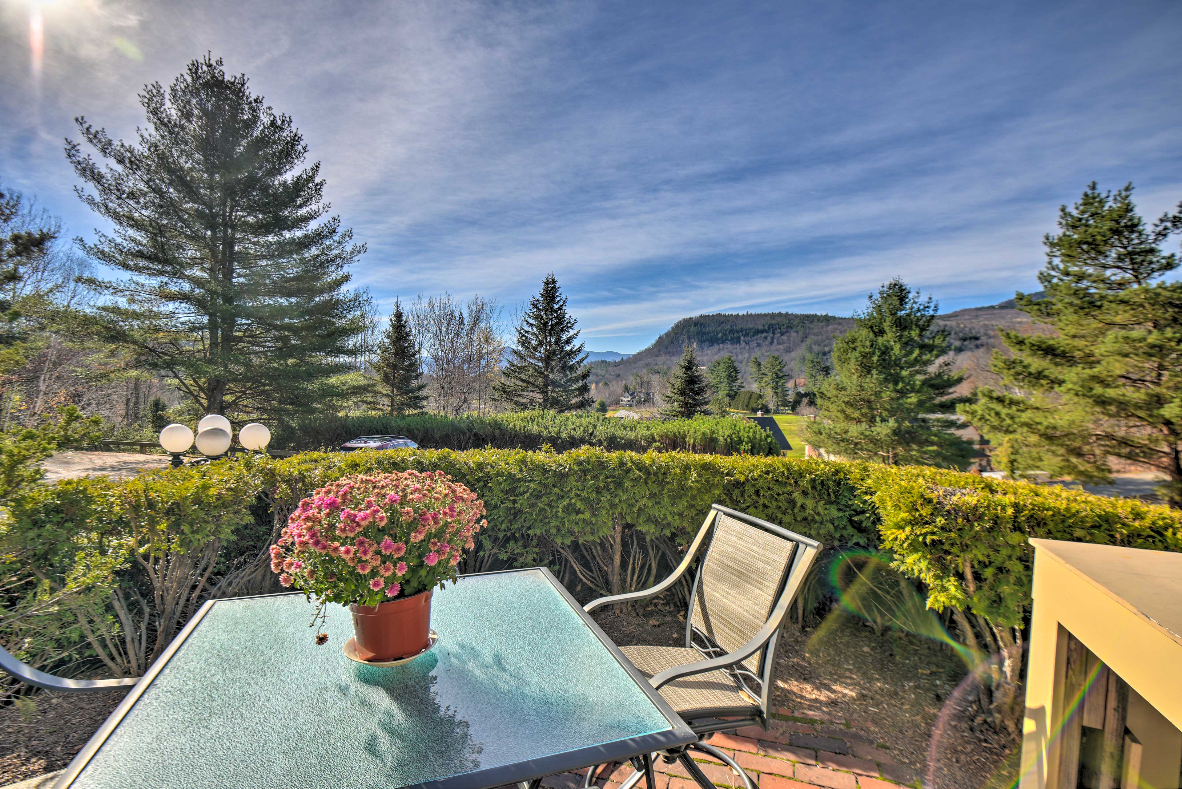 Patio | Mountain & Golf Course Views | Cross Country Skiing On-Site