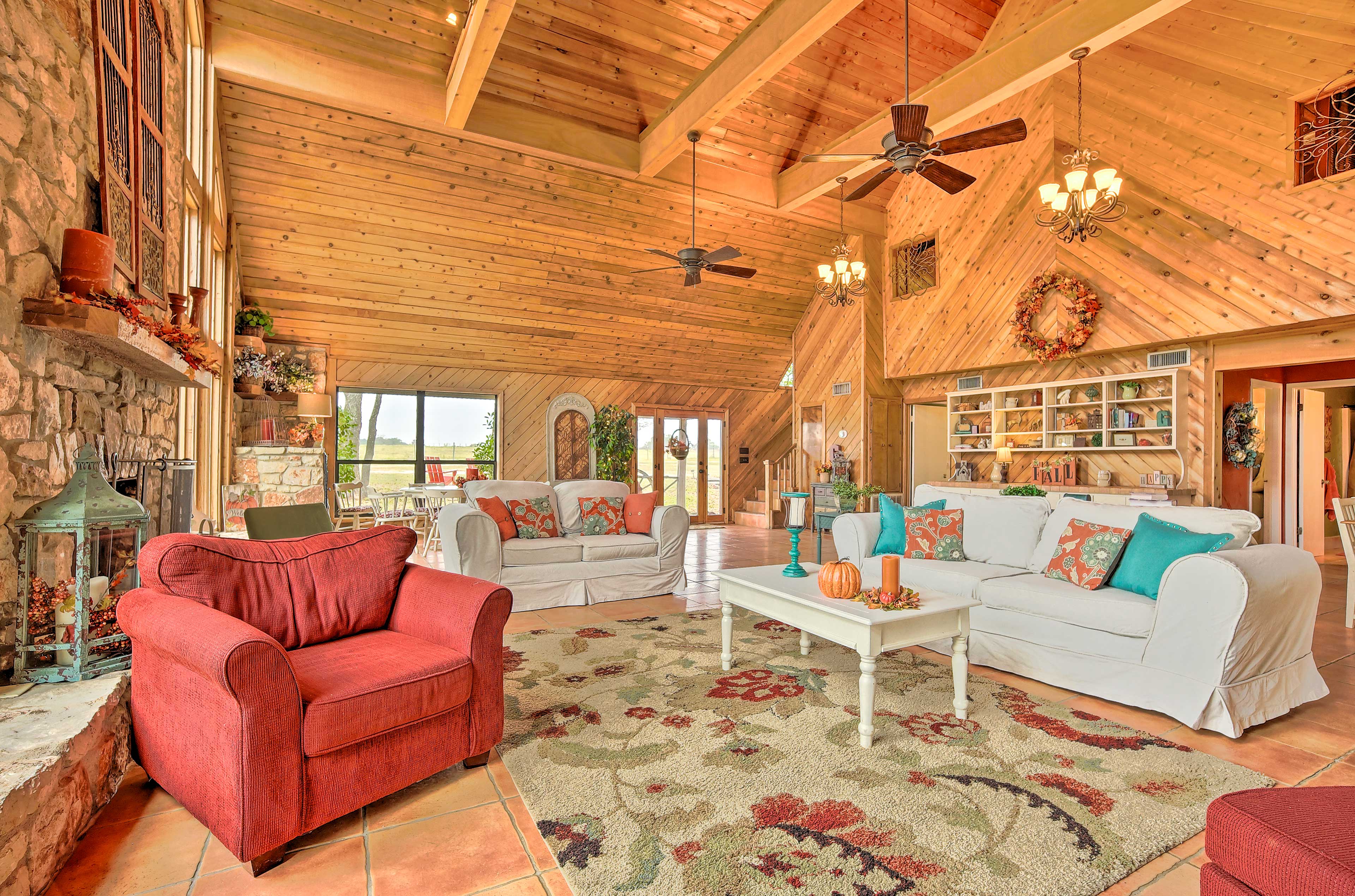 Living Room | 30' Wood-Burning Stone Fireplace | 2 Flat-Screen TVs | Central A/C