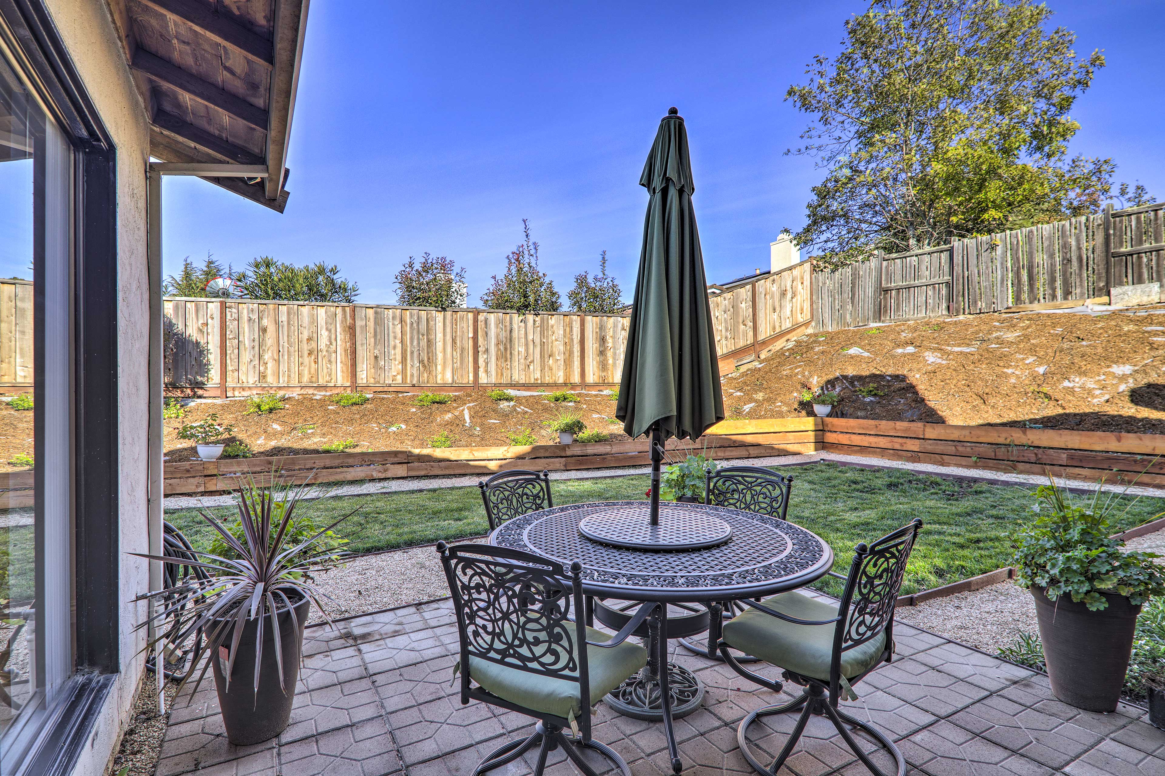 Outdoor Space | Dining Area | Spacious Backyard | 29 Mi to San Francisco