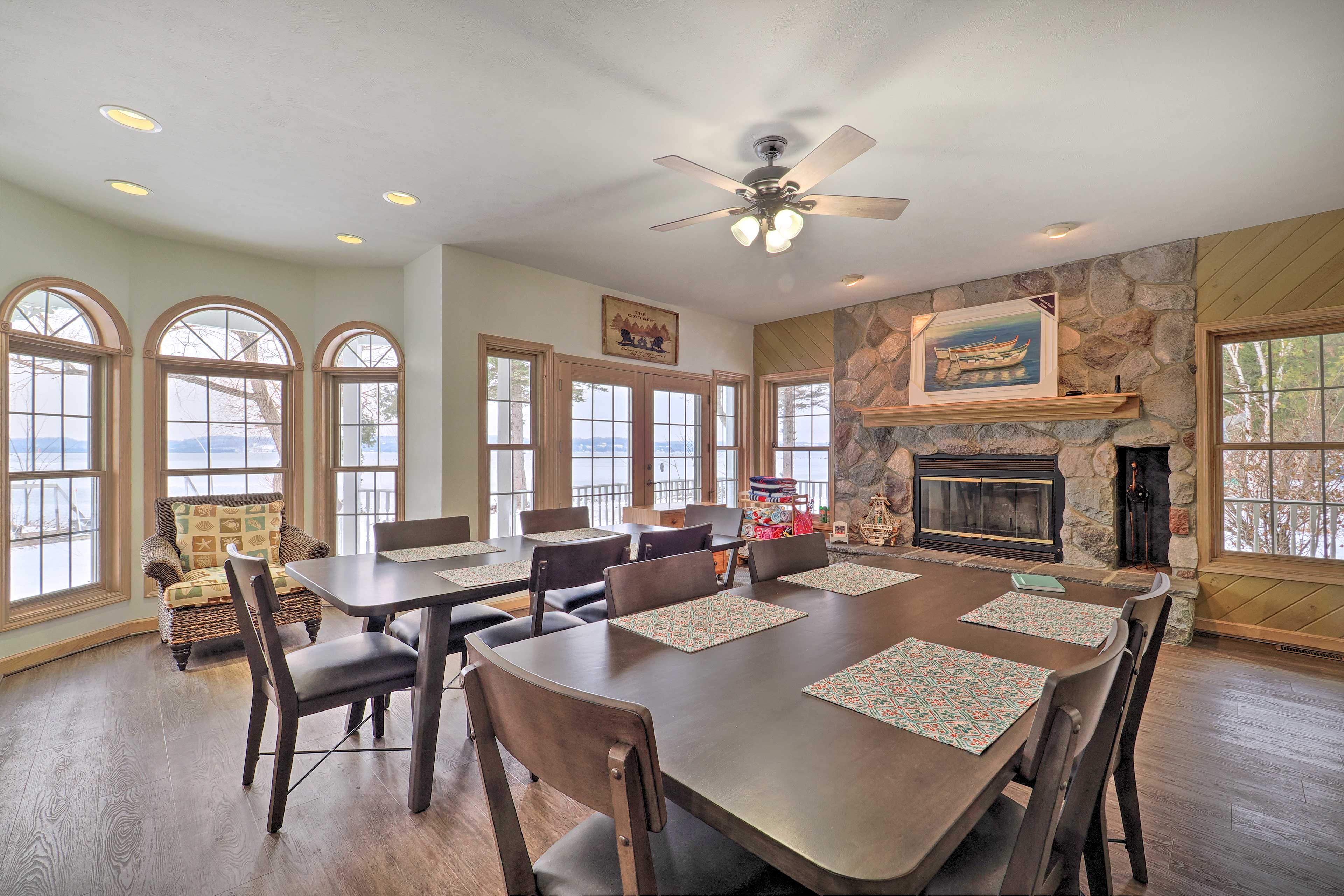 Dining Room | 1st Floor | Fireplace | Ample Seating | Lake Views