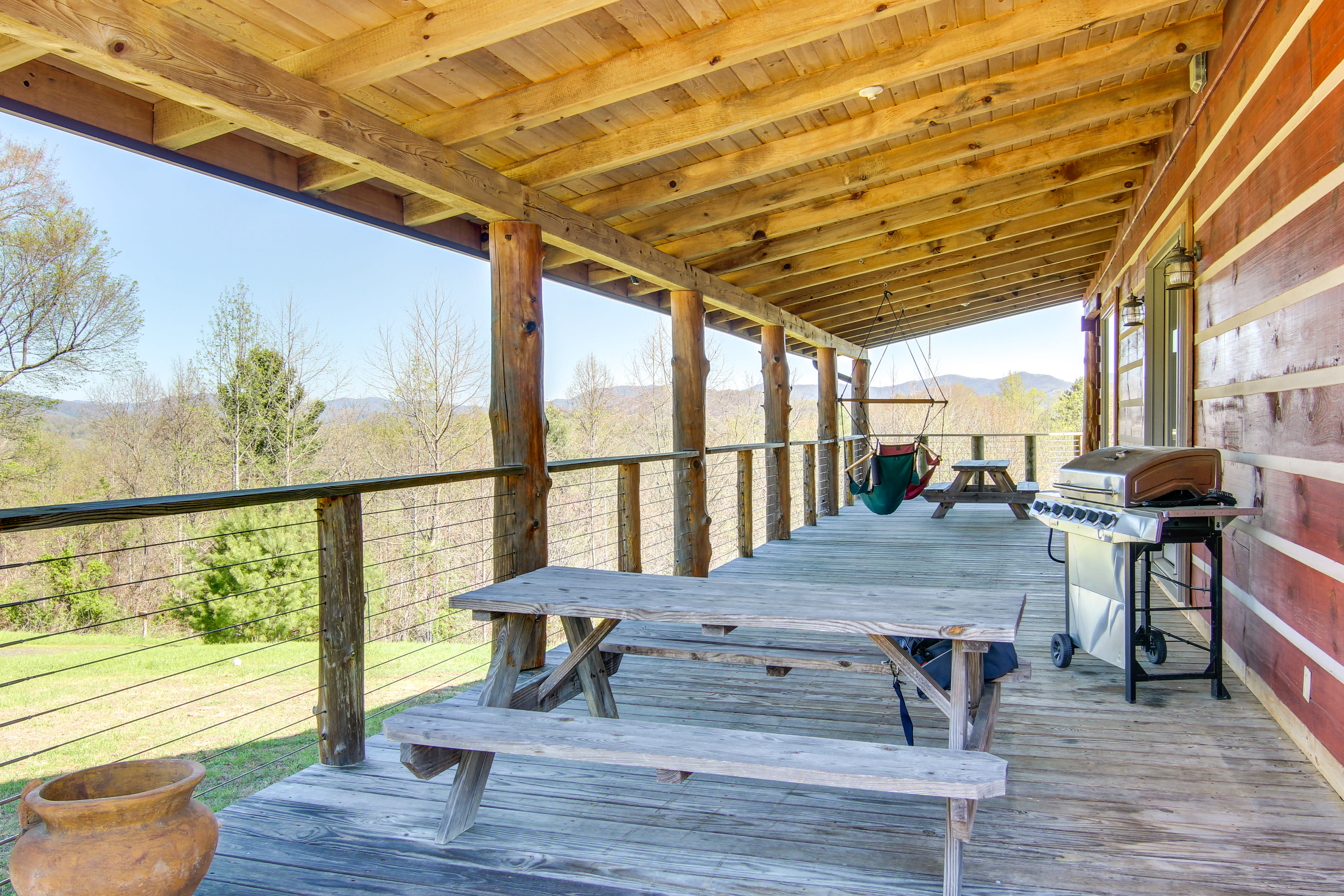 Wraparound Deck | Hammock Chairs | Grill | Dining Area | Mountain View