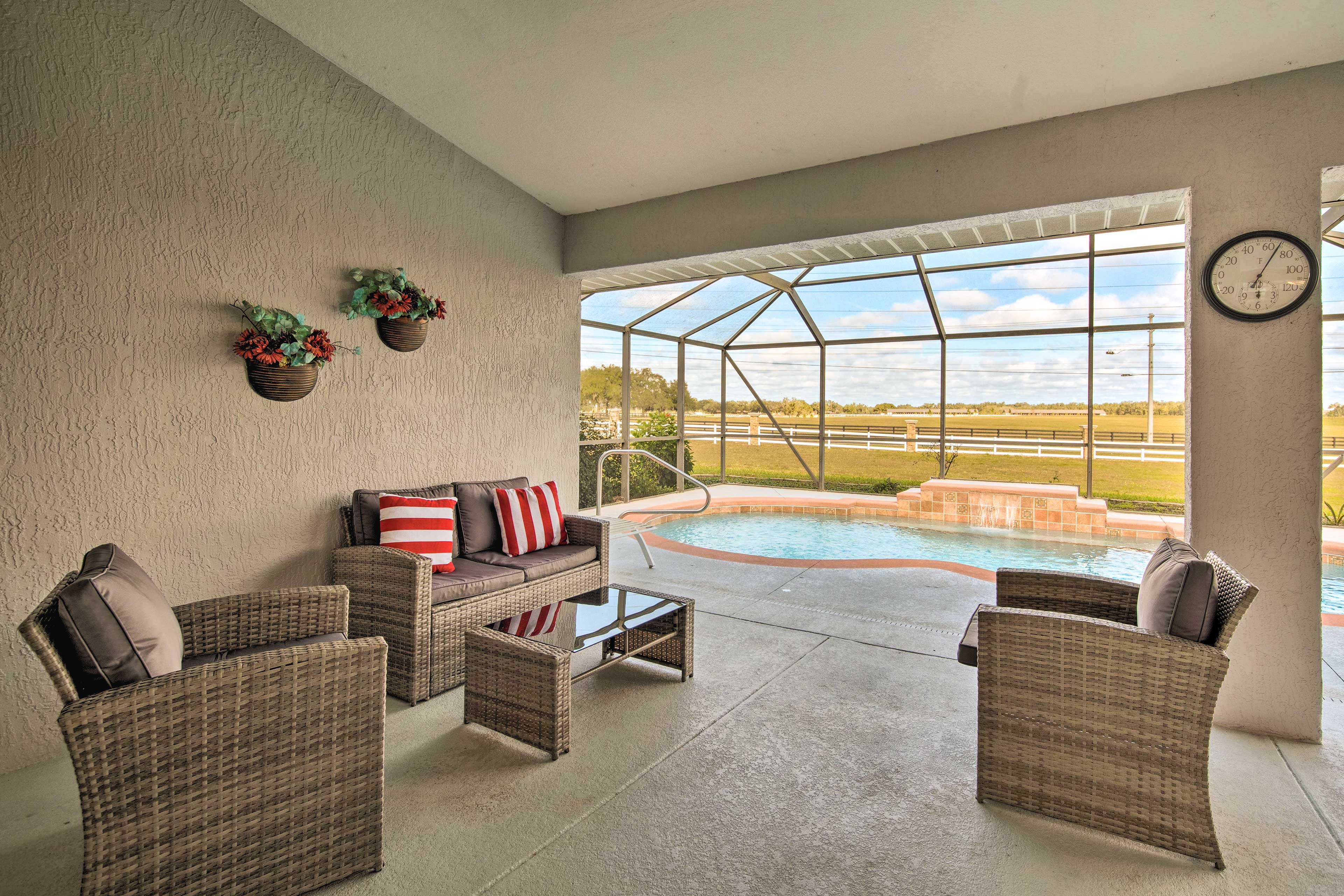 Covered Patio w/ Seating | Lanai | Private Pool (1'-4')