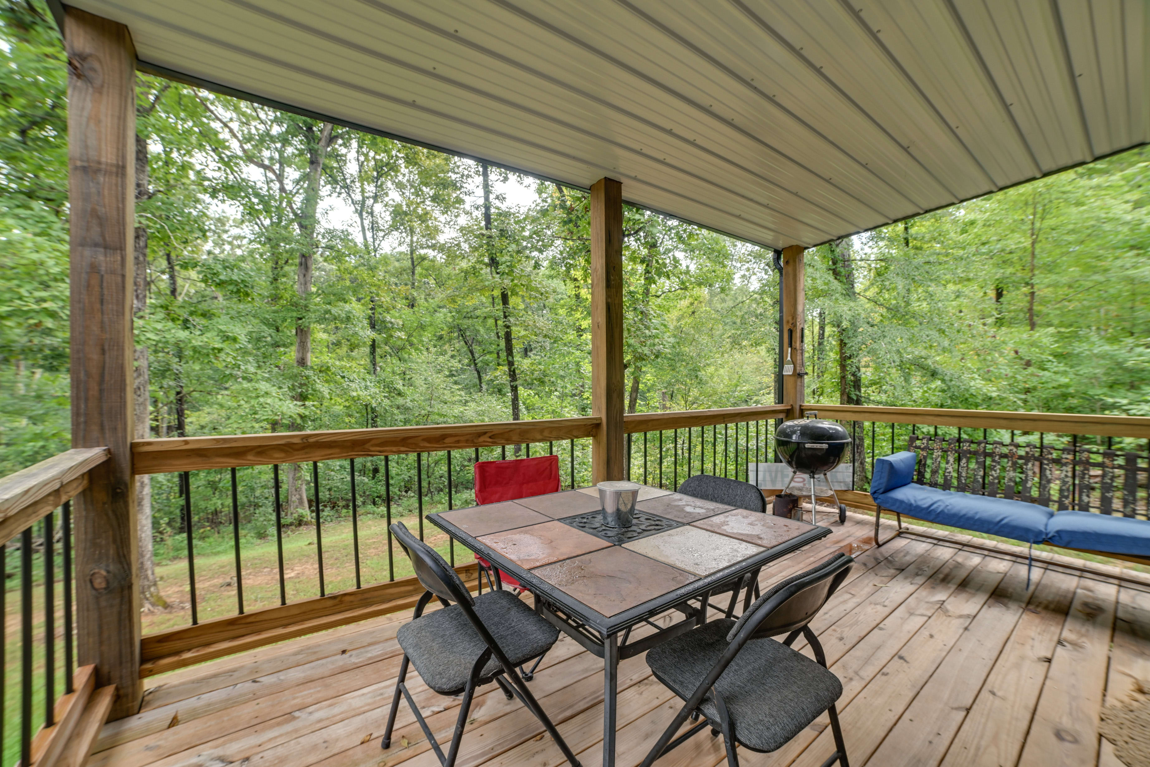 Covered Deck | Outdoor Dining Area | Walk to Lake