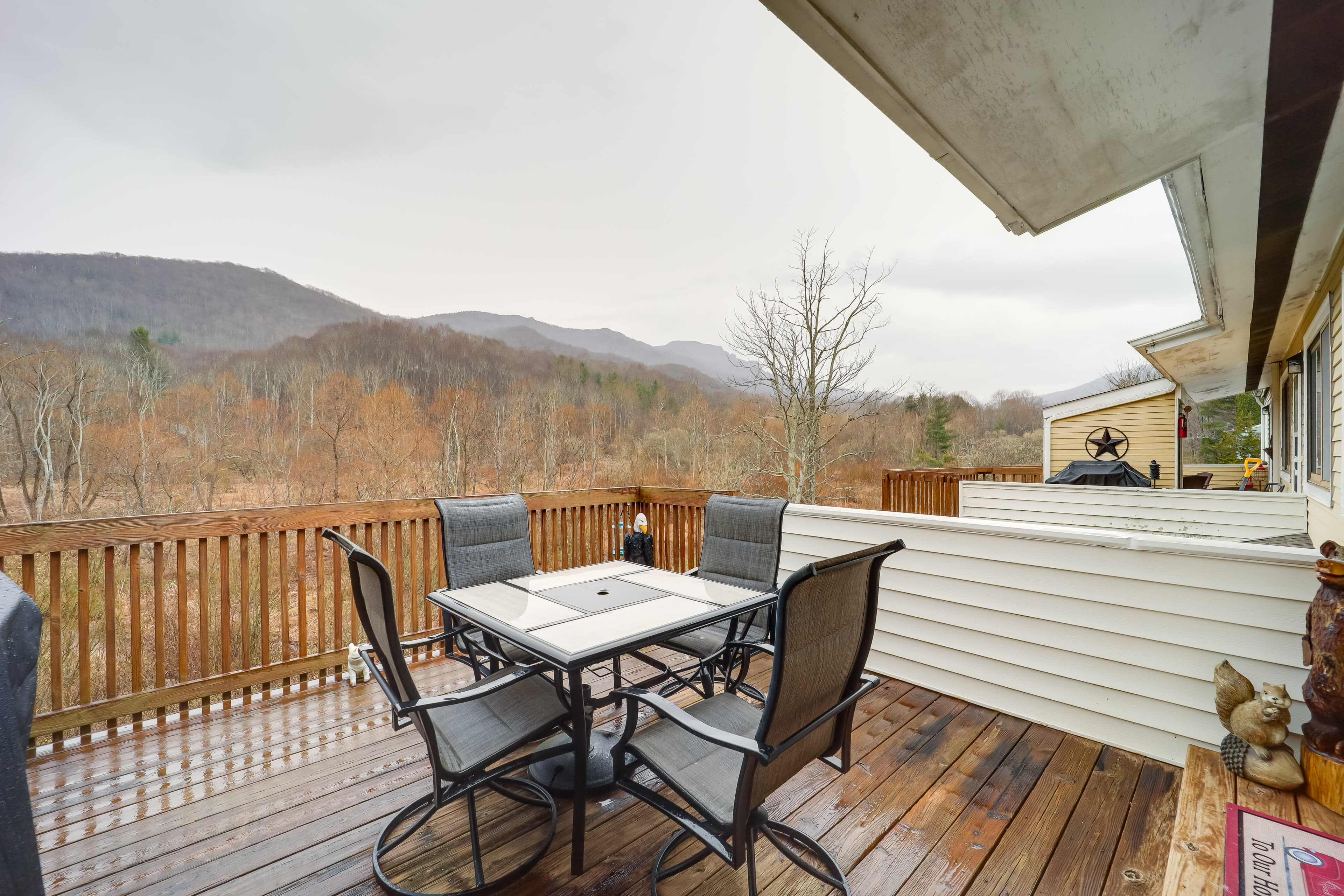 Deck | Charcoal Grill | Mountain Views | Creek On-Site