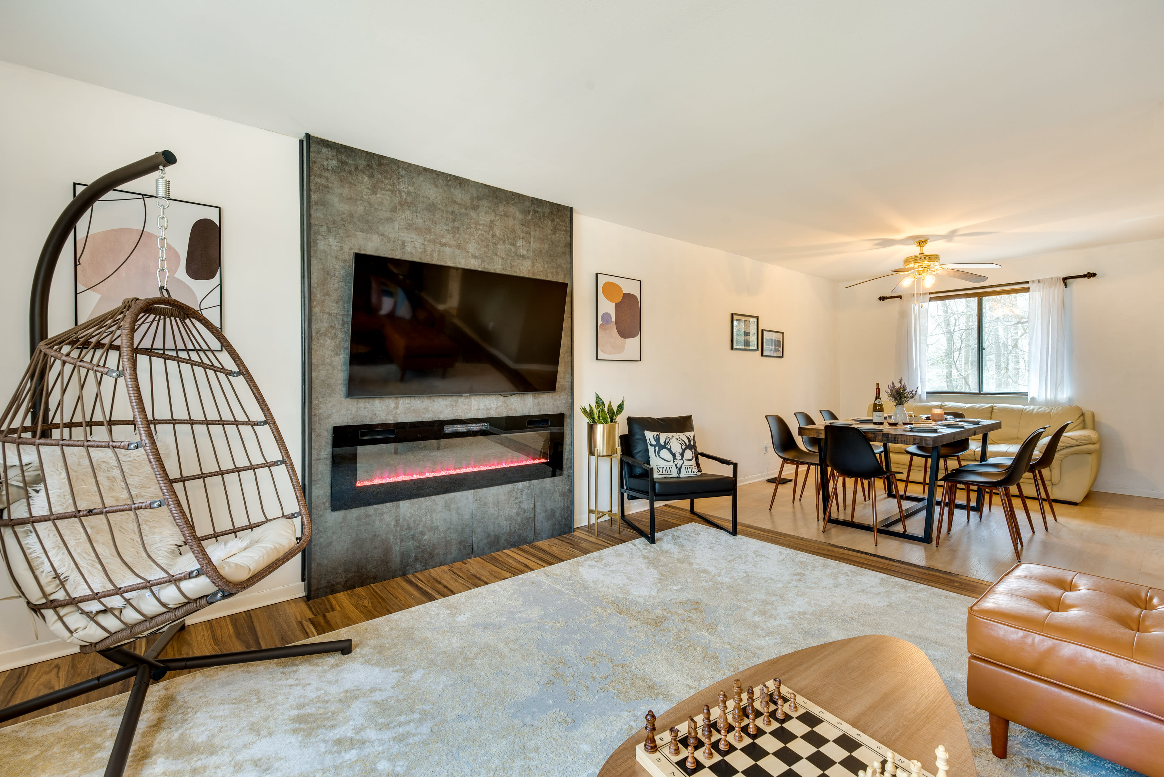 Living Room | Smart TV | Electric Fireplace | Window A/C Unit