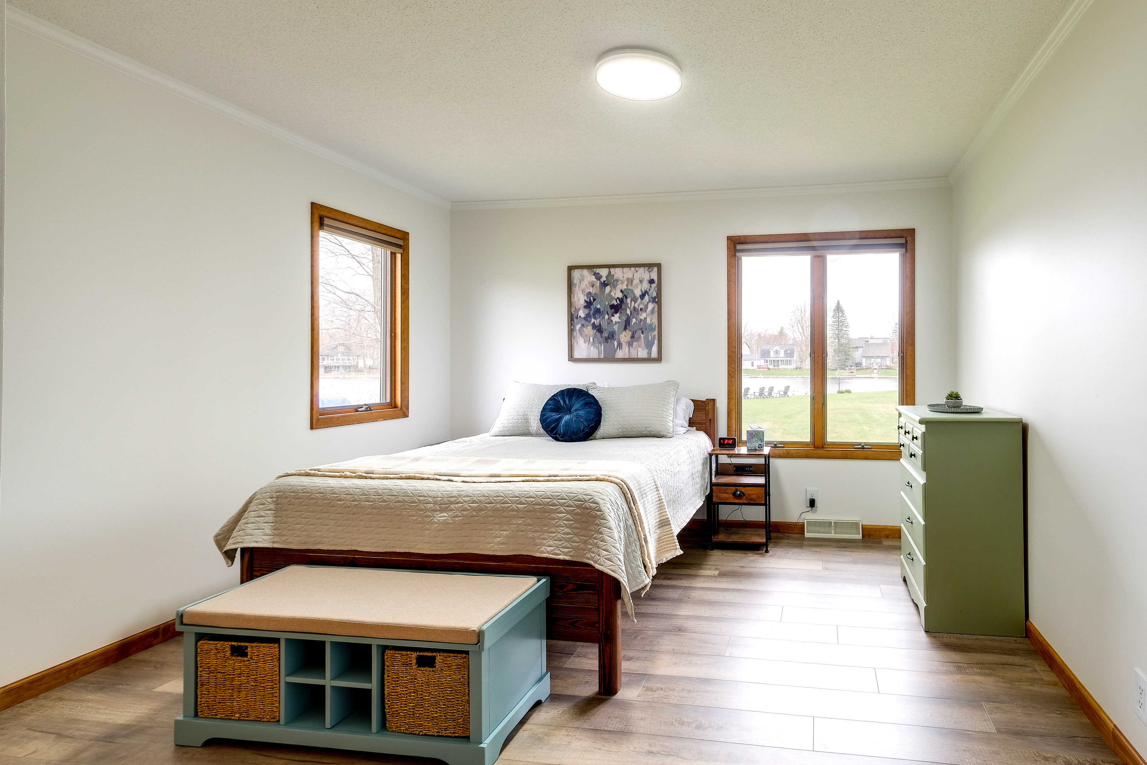 Bedroom 1 | Queen Bed | Linens Provided | Standing Desk | Hangers | Iron & Board