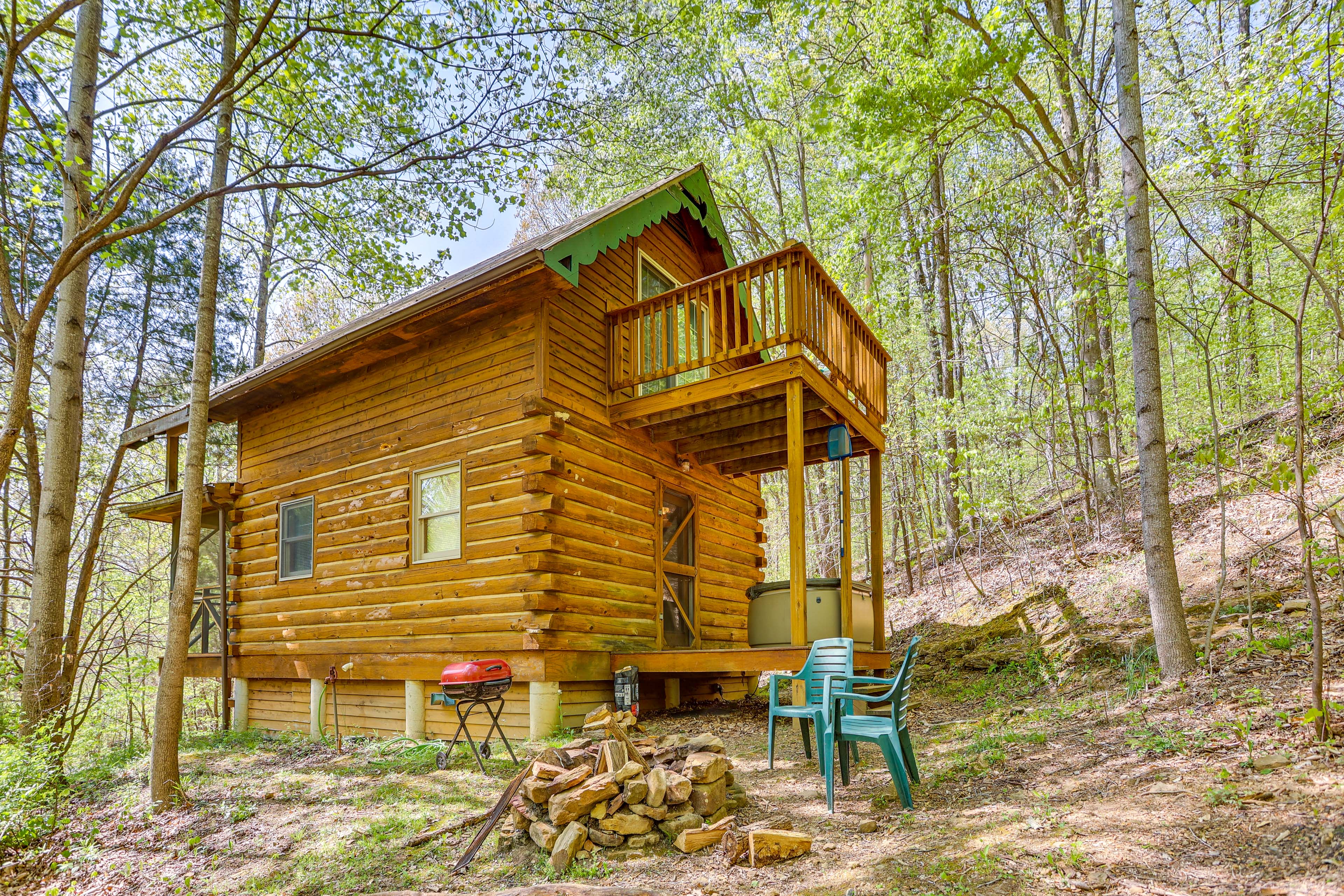 Cabin Exterior | Back Deck w/ Hot Tub | Fire Pit (BYOW) | Charcoal Grill