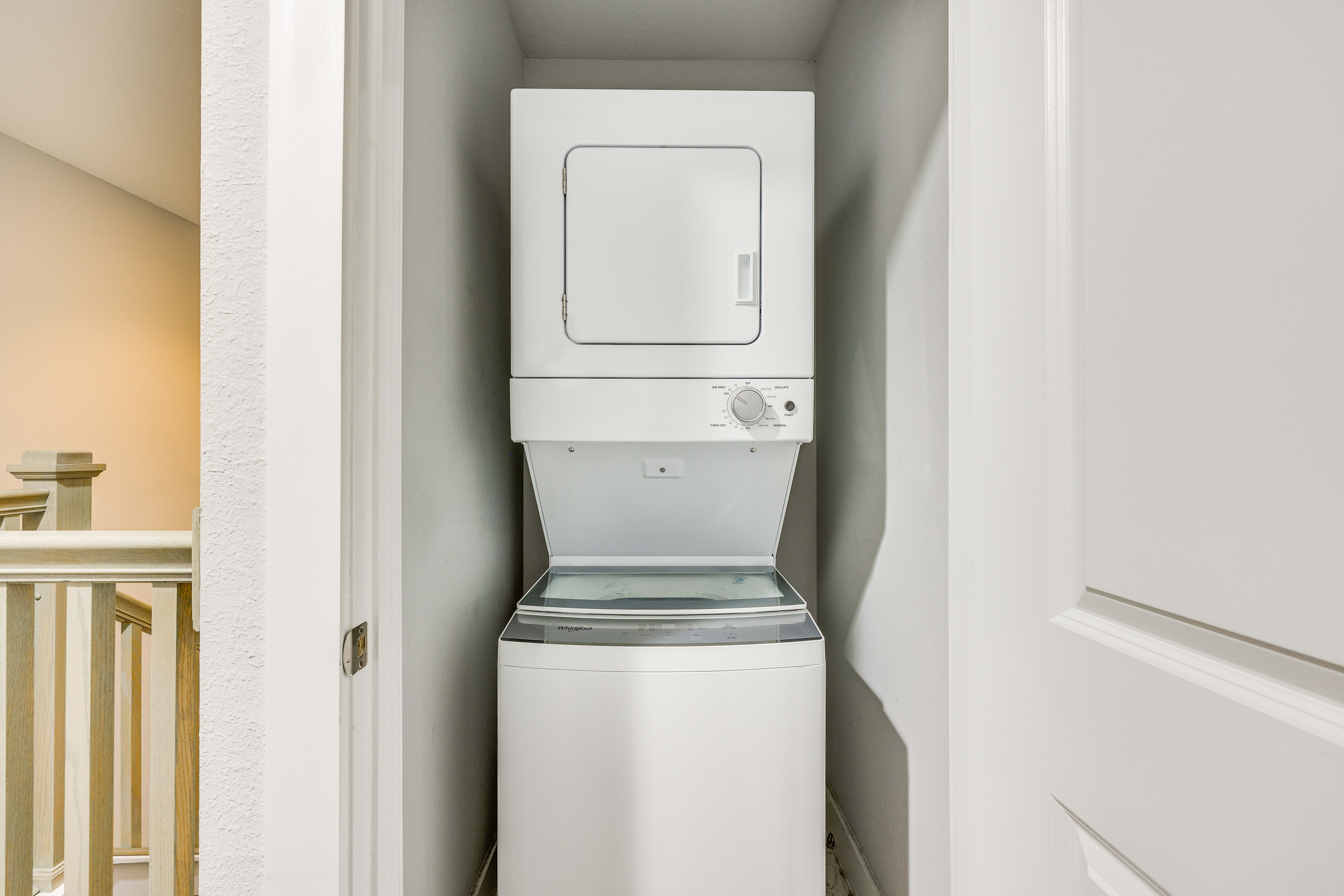 Laundry Closet | 2nd Floor | Stackable Washer + Dryer | Laundry Detergent