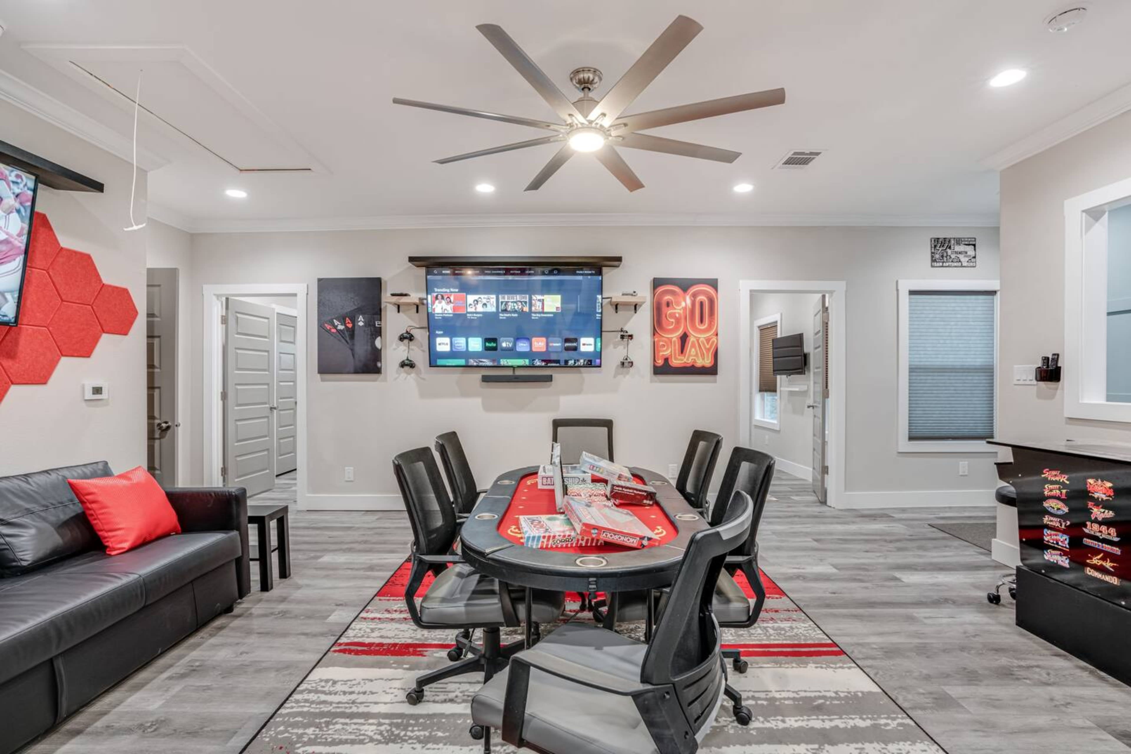 Game Room | Full Sleeper Sofa | Poker Table | Arcade Game Table | 2 Smart TVs