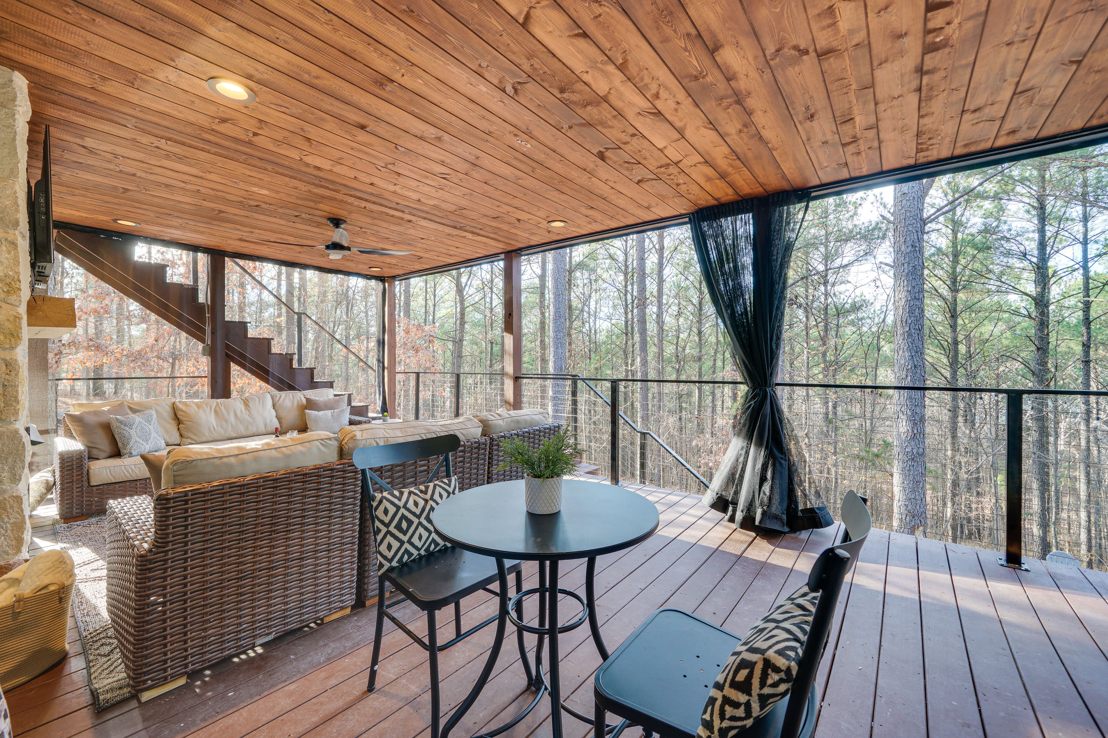 Lower Deck | White Stone Fireplace | Surrounding Forest Views