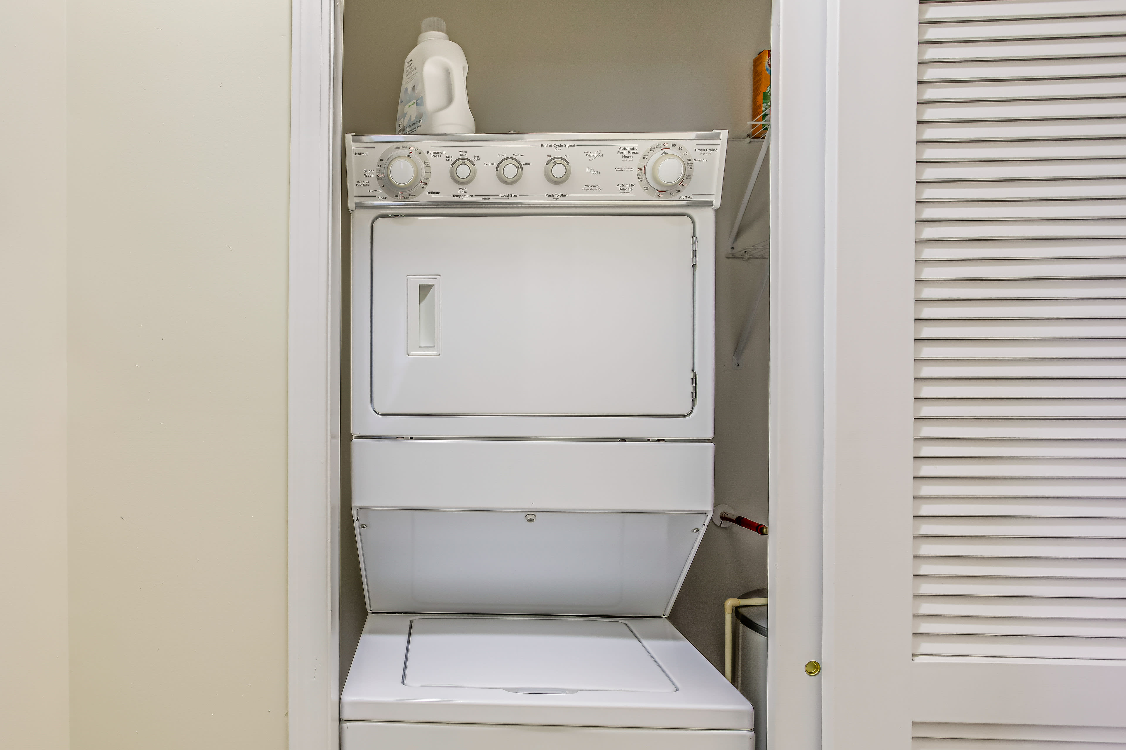 Laundry Closet | Stackable Washer + Dryer | Iron/Board | Laundry Detergent