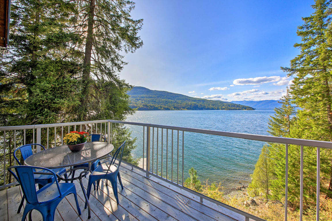 Balcony of vacation rental overlooking a lake on a clear day