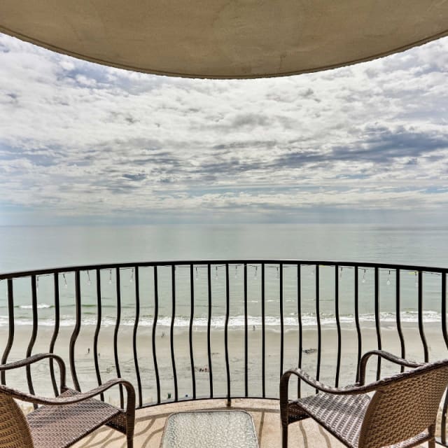 Balcony overlooking the ocean and beach in Myrtle Beach, SC