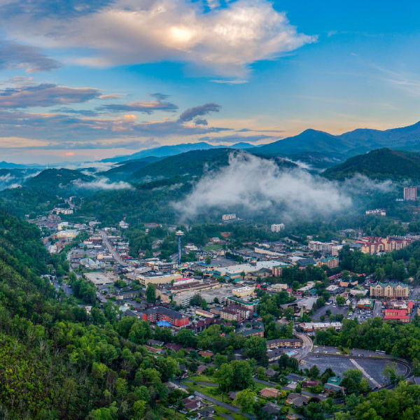 Aerial view of downtown Gatlinburg, TN skyline