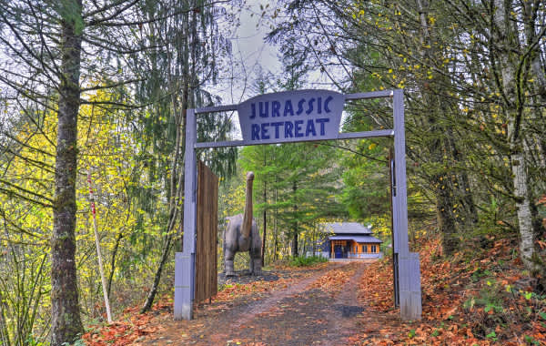 Entrance to vacation rental jurassic retreat with brontosaurus