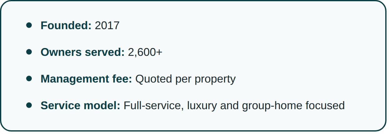 Quick facts on AvantStay, ibncluding when it was founded, how many owners served, management fee, and service model type.