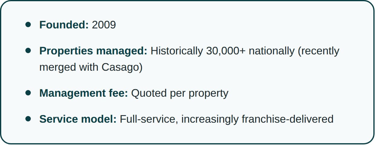 Quick facts on Vacasa, including when it was founded, how many owners served, management fee, and service model type