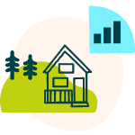 Green and blue icon of a cabin with hills, trees, and a graph.